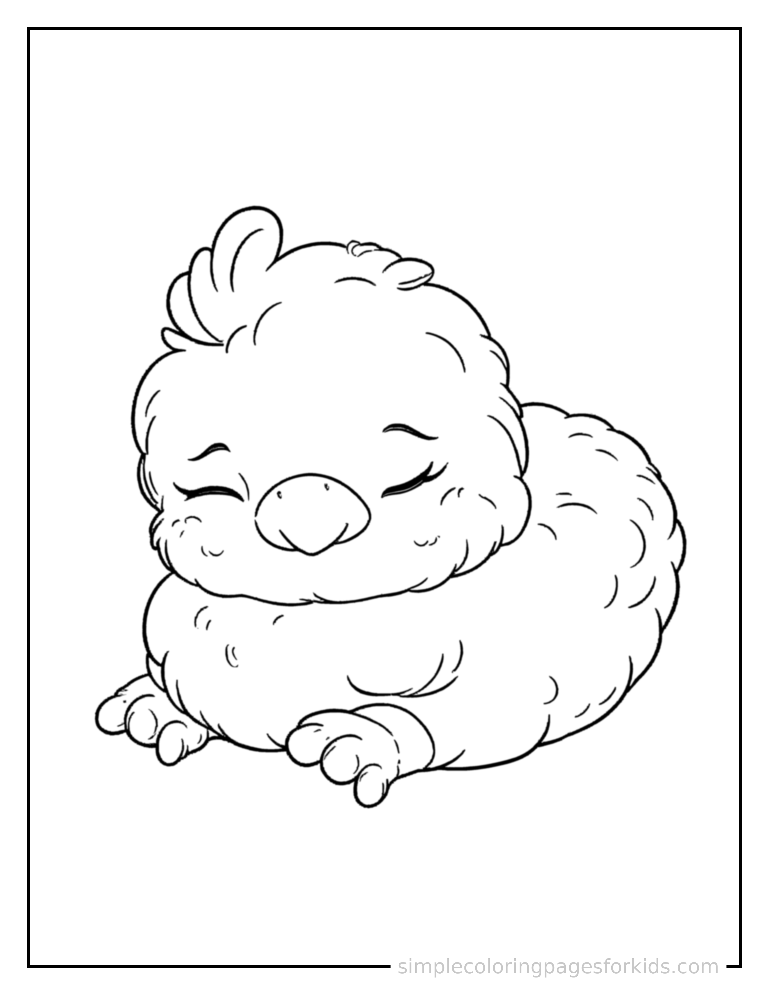 Free printable chicken coloring page featuring a cute chicken curled up fast asleep, peaceful smile, one eye scrunched shut, paws tucked under its chin.