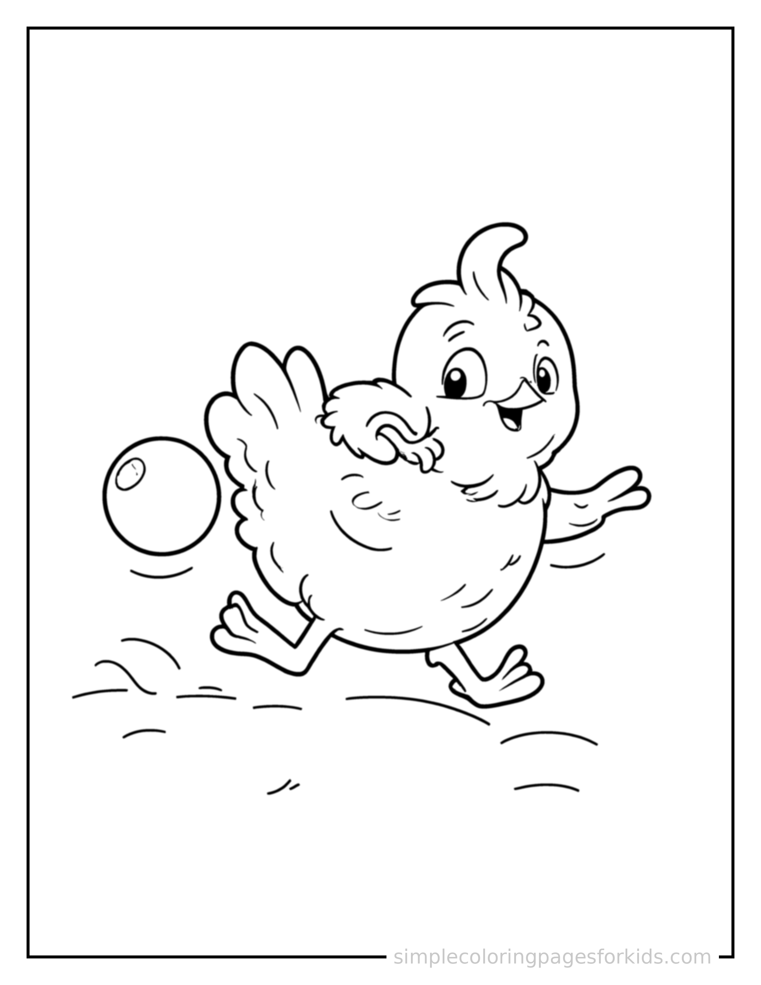 Free printable chicken coloring page featuring a cute chicken mid-bounce chasing a round ball, front paws stretched forward, mouth open with excitement, ears flopping.