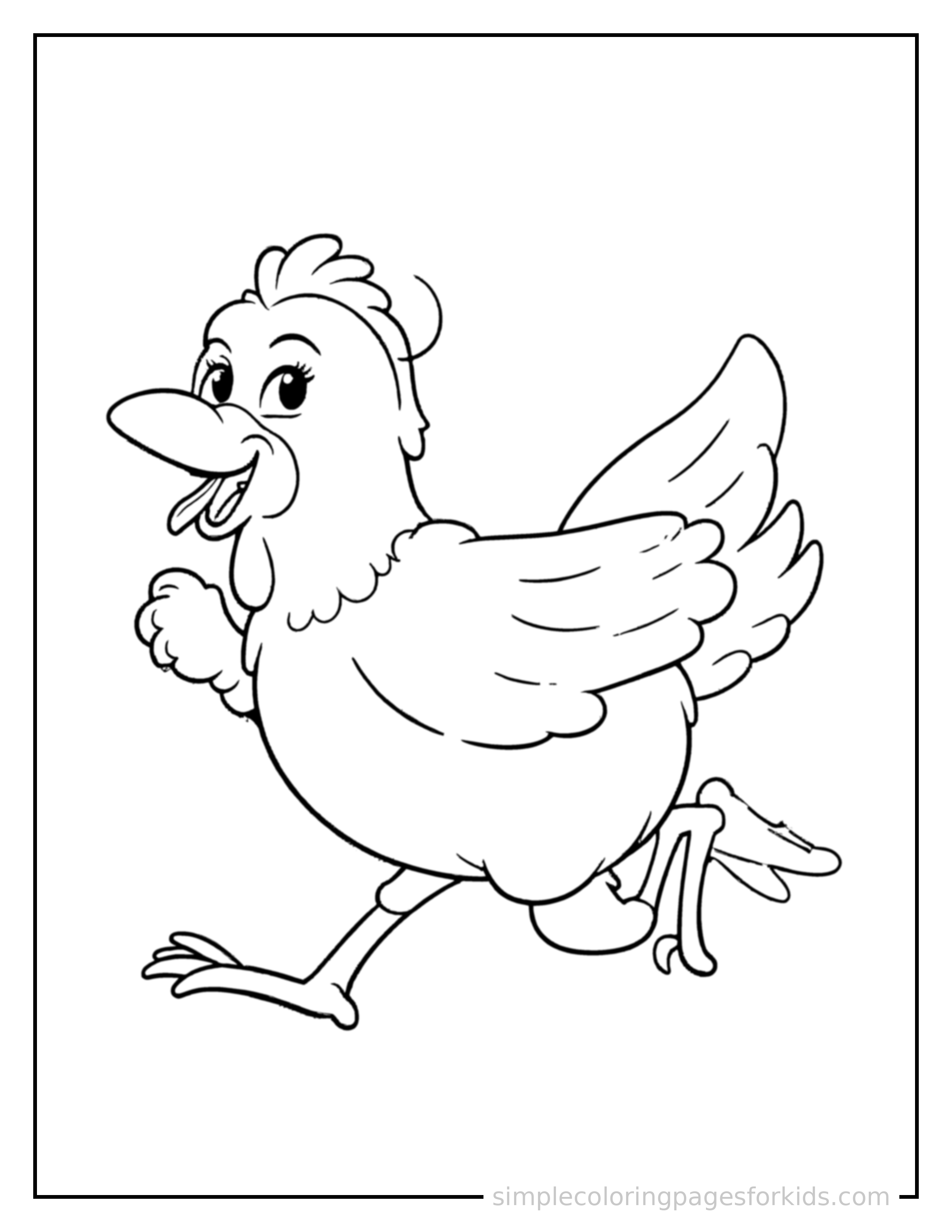 Free printable chicken coloring page featuring a cute chicken galloping forward at full speed, tongue out, ears flying back, big happy grin.