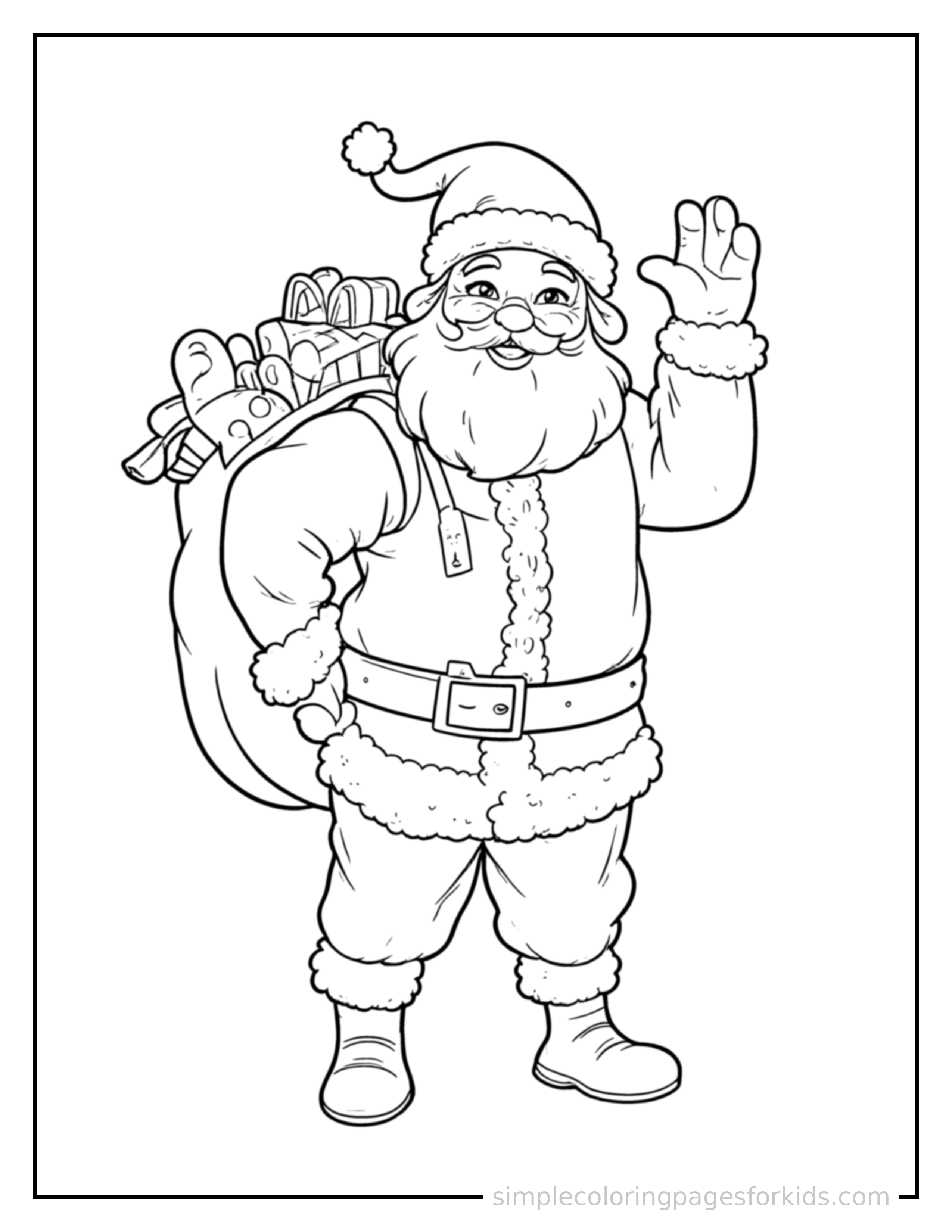 Free printable christmas coloring page featuring a jolly Santa Claus waving happily with a big sack of presents over his shoulder.