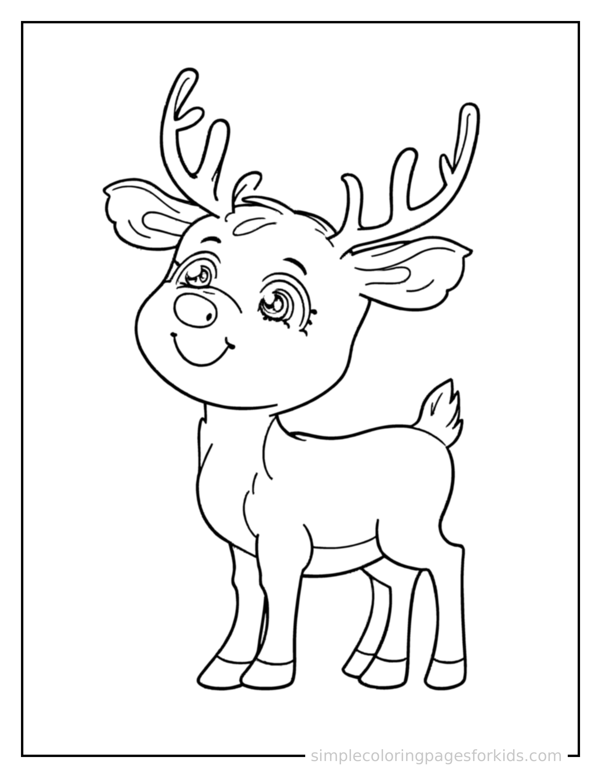 Free printable christmas coloring page featuring a cute reindeer with a red nose, joyful expression.