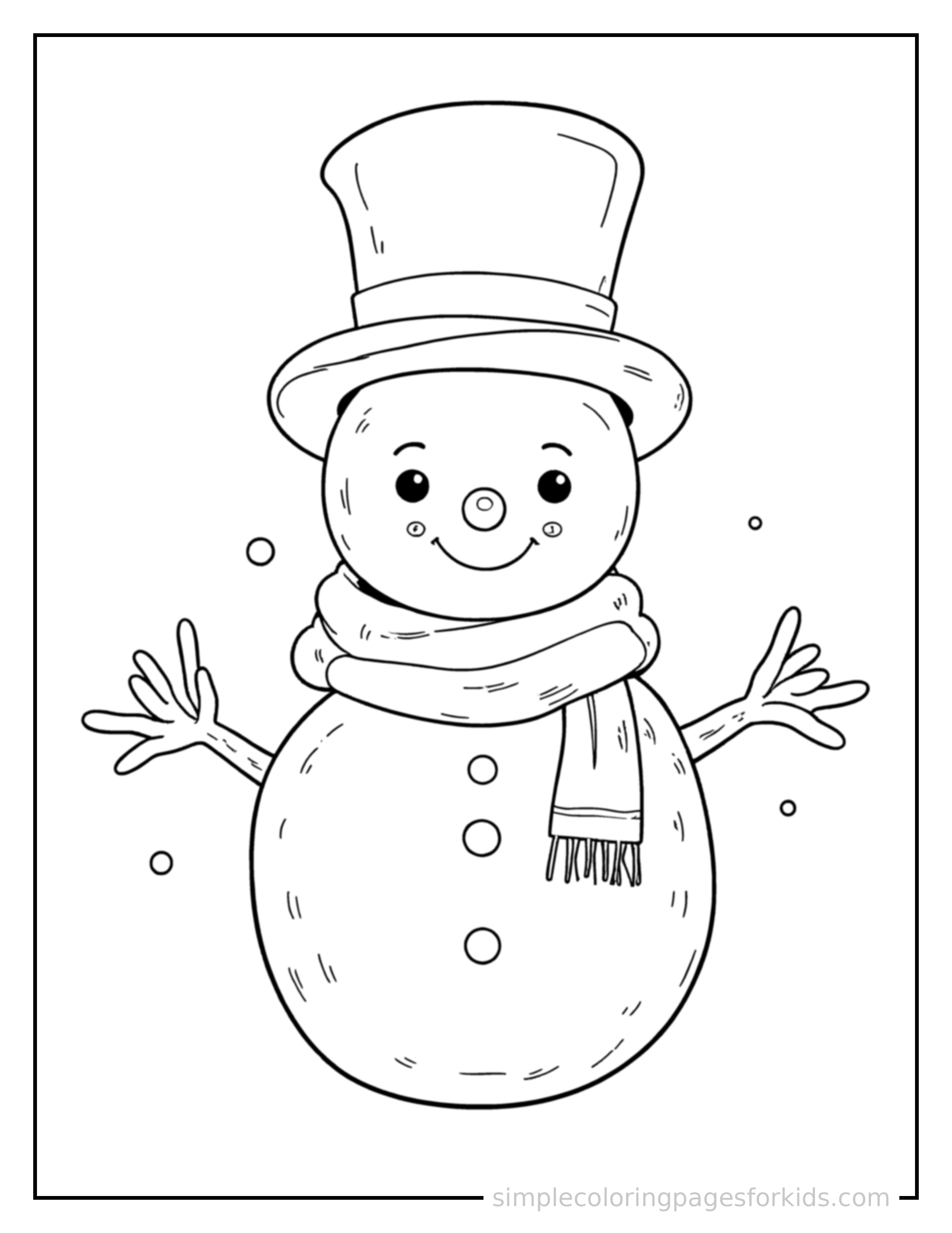Free printable christmas coloring page featuring a friendly snowman wearing a scarf and top hat.