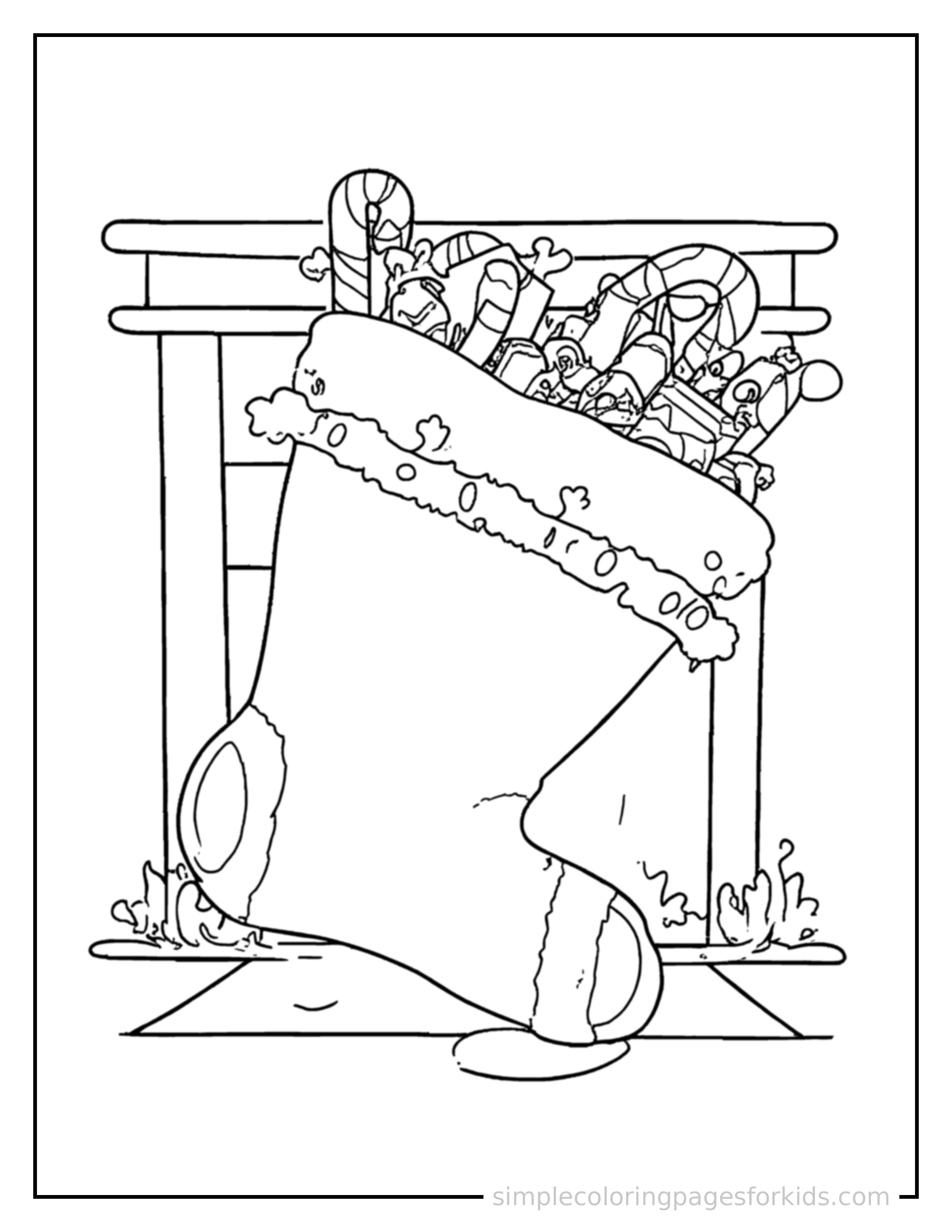 Free printable christmas coloring page featuring a cozy stocking hanging by a fireplace, filled with candy canes and small gifts.