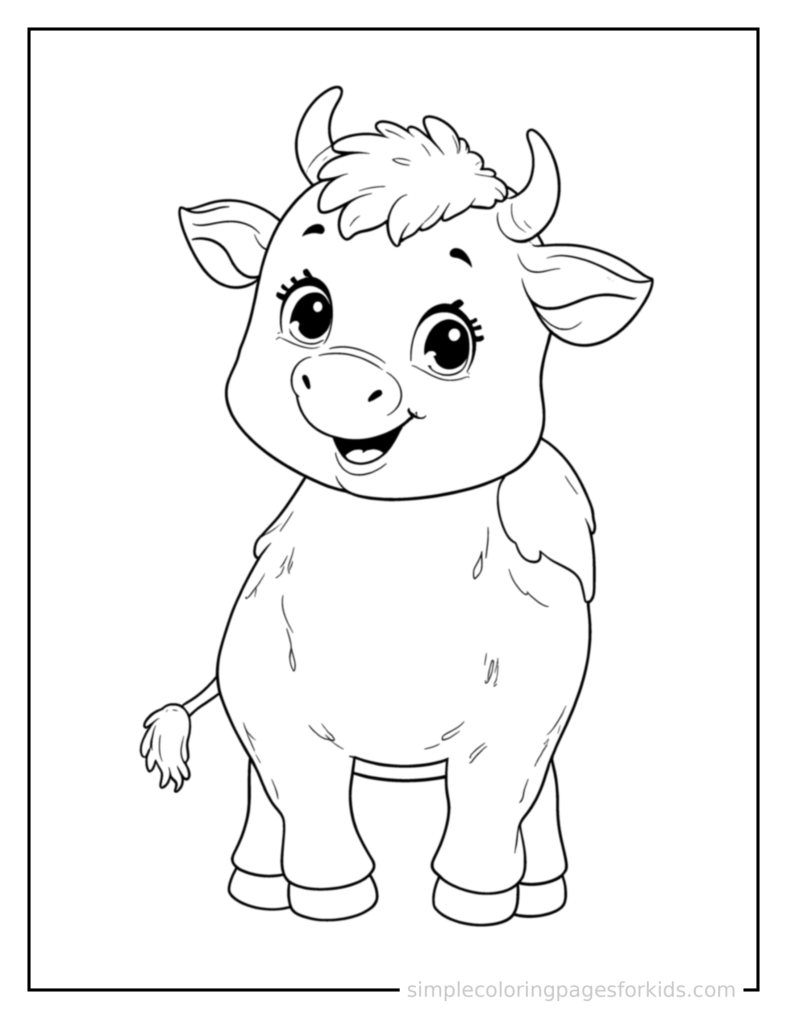 Free printable cow coloring page featuring a cute cow standing proudly on all fours, chest puffed out, big sparkling happy eyes, mouth open in a joyful smile.