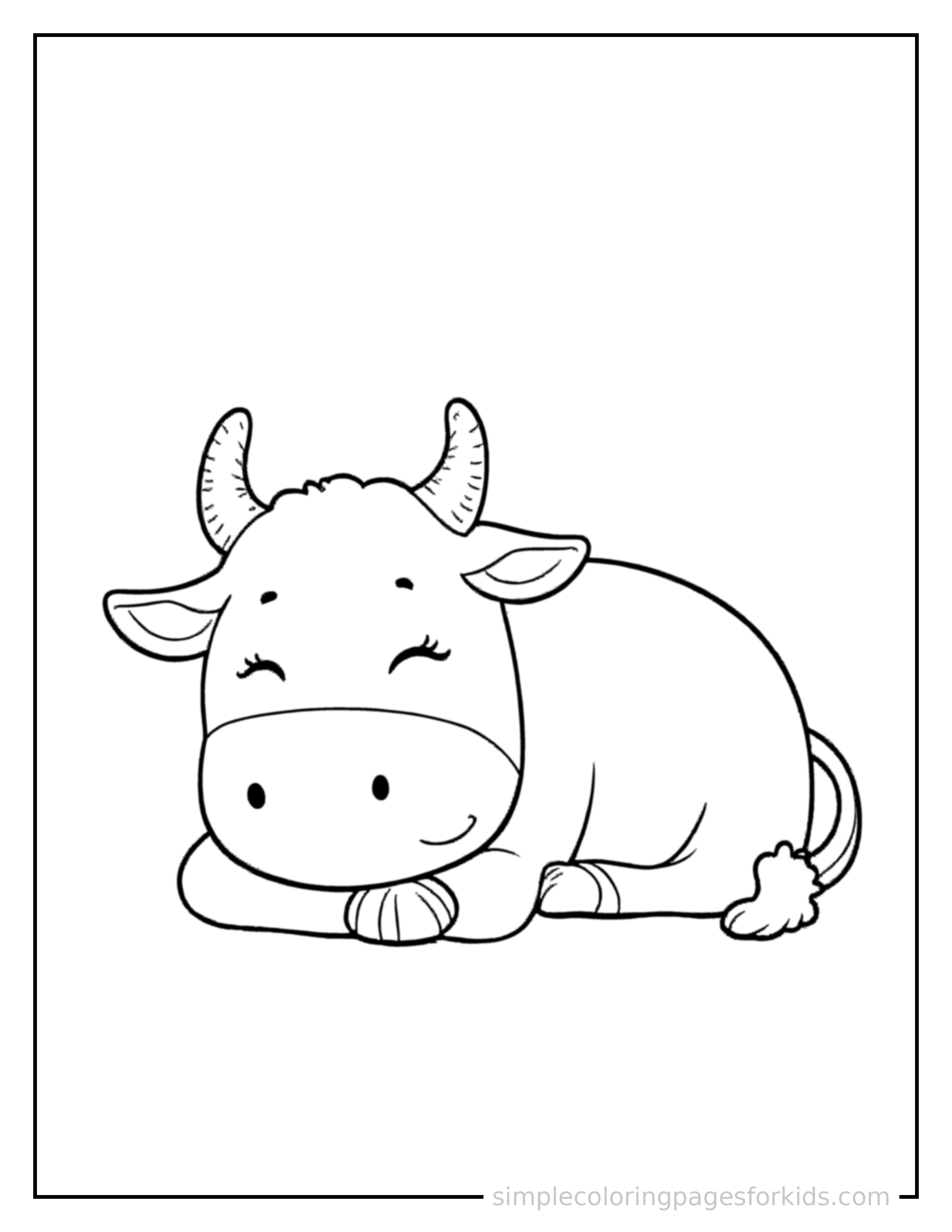 Free printable cow coloring page featuring a cute cow curled up fast asleep, peaceful smile, one eye scrunched shut, paws tucked under its chin.