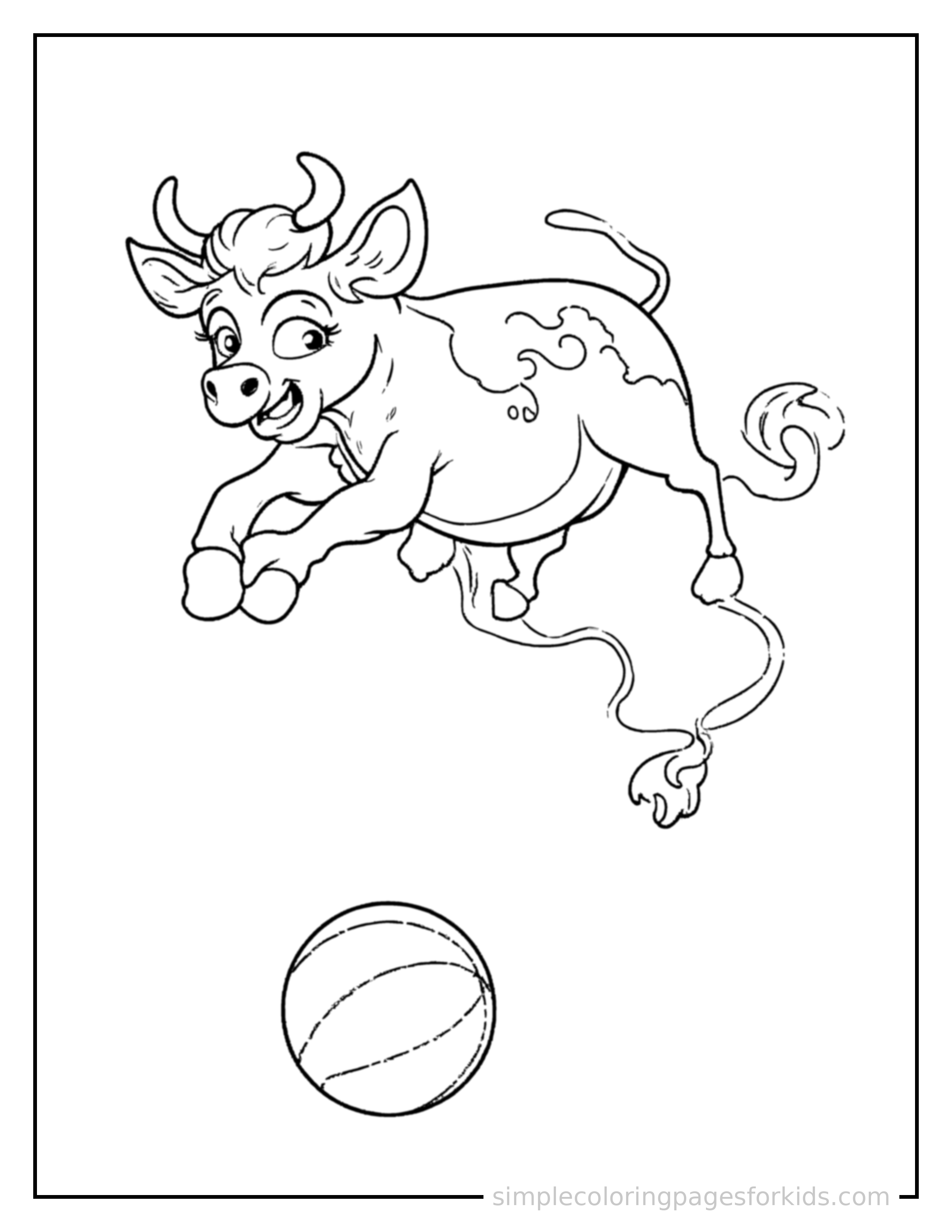 Free printable cow coloring page featuring a cute cow mid-bounce chasing a round ball, front paws stretched forward, mouth open with excitement, ears flopping.