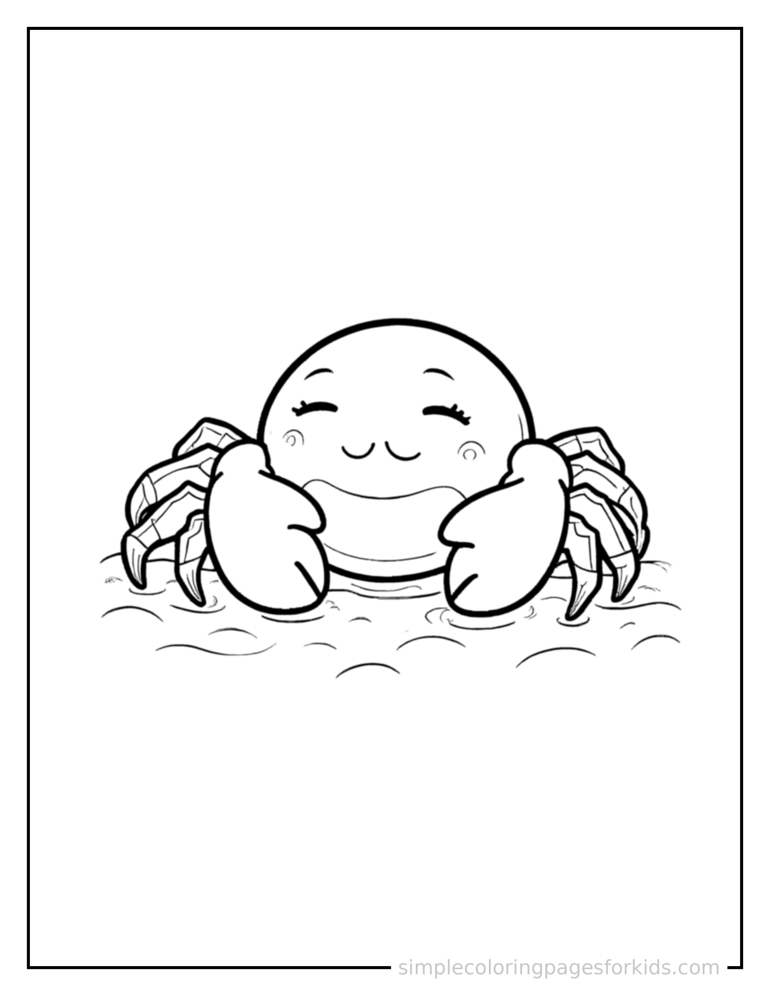 Free printable crab coloring page featuring a cute crab curled up fast asleep, peaceful smile, one eye scrunched shut, paws tucked under its chin.