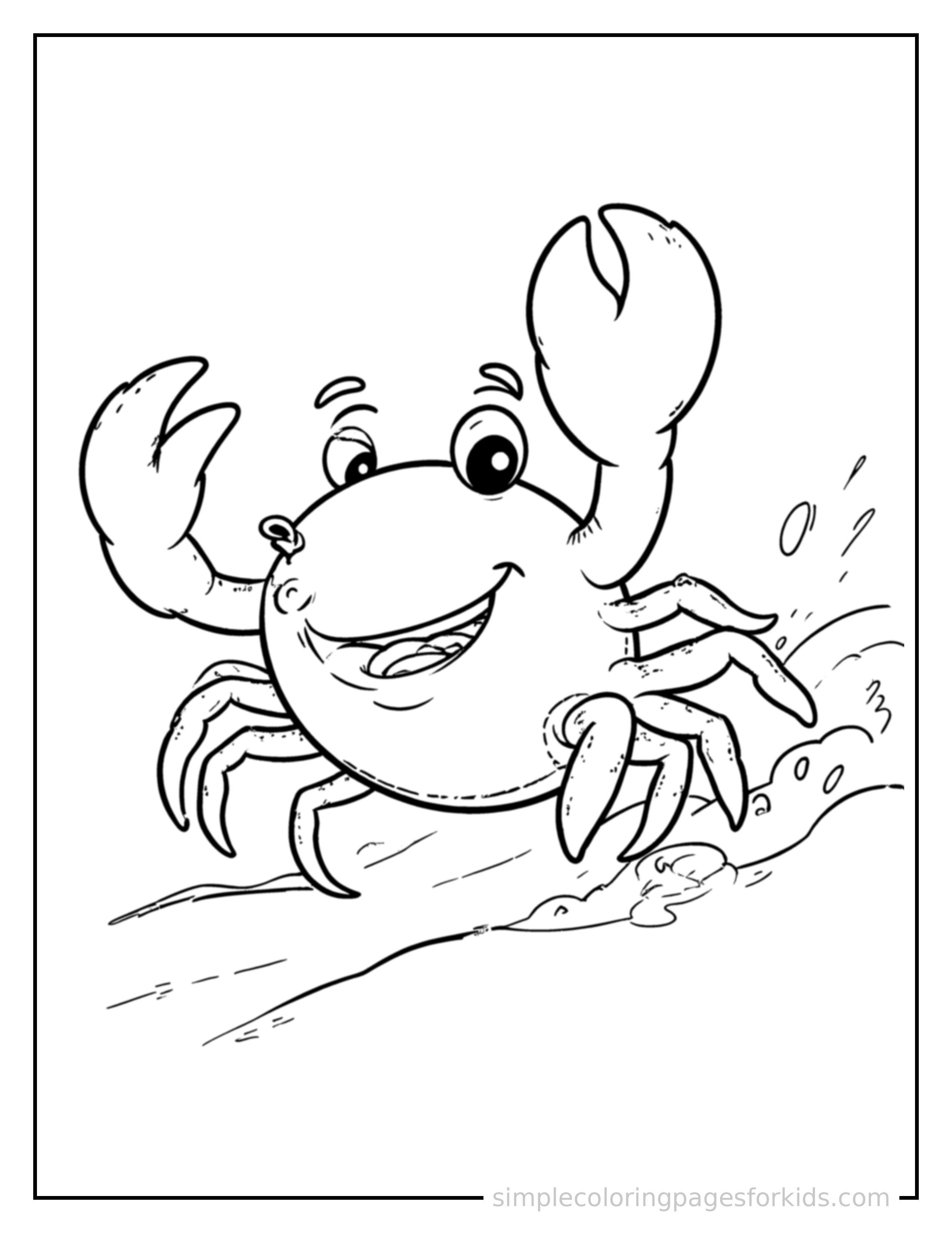 Free printable crab coloring page featuring a cute crab galloping forward at full speed, tongue out, ears flying back, big happy grin.