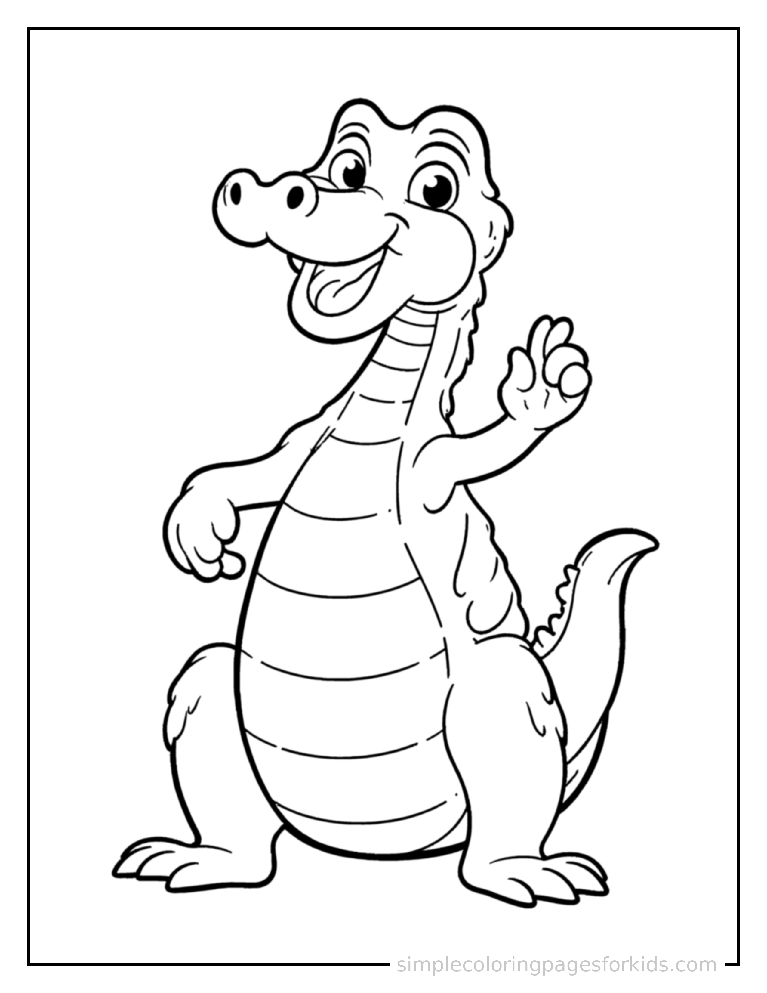 Free printable crocodile coloring page featuring a cute crocodile sitting up tall with a big cheerful grin, head tilted slightly, one paw raised in a wave.
