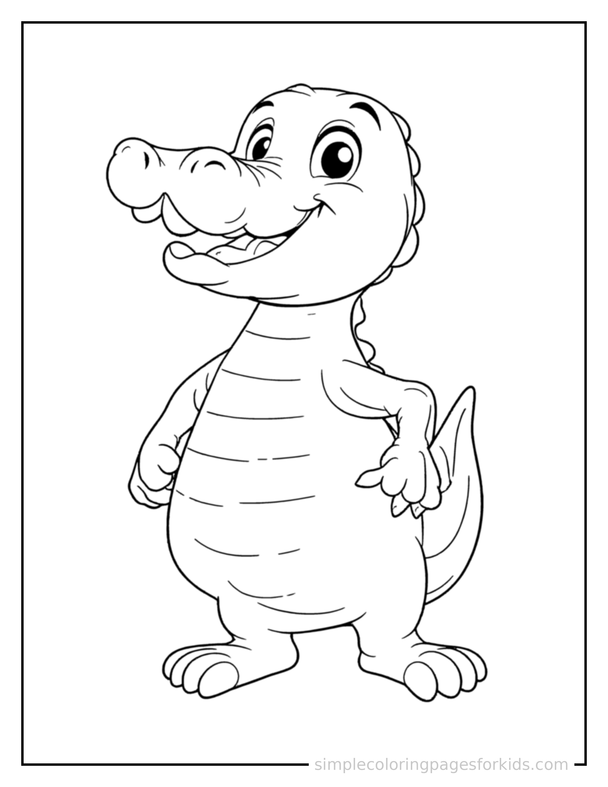 Free printable crocodile coloring page featuring a cute crocodile standing proudly on all fours, chest puffed out, big sparkling happy eyes, mouth open in a joyful smile.