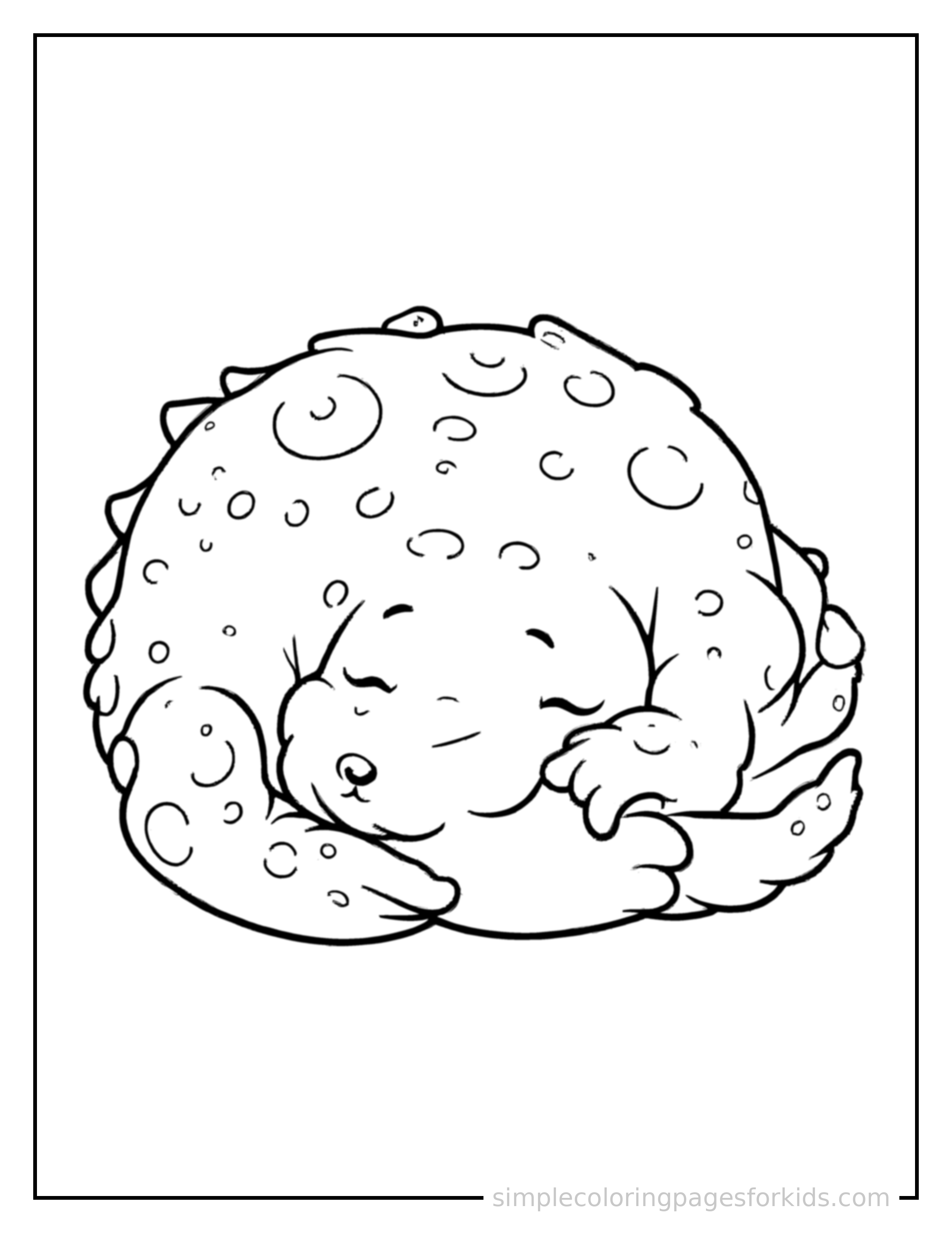 Free printable crocodile coloring page featuring a cute crocodile curled up fast asleep, peaceful smile, one eye scrunched shut, paws tucked under its chin.
