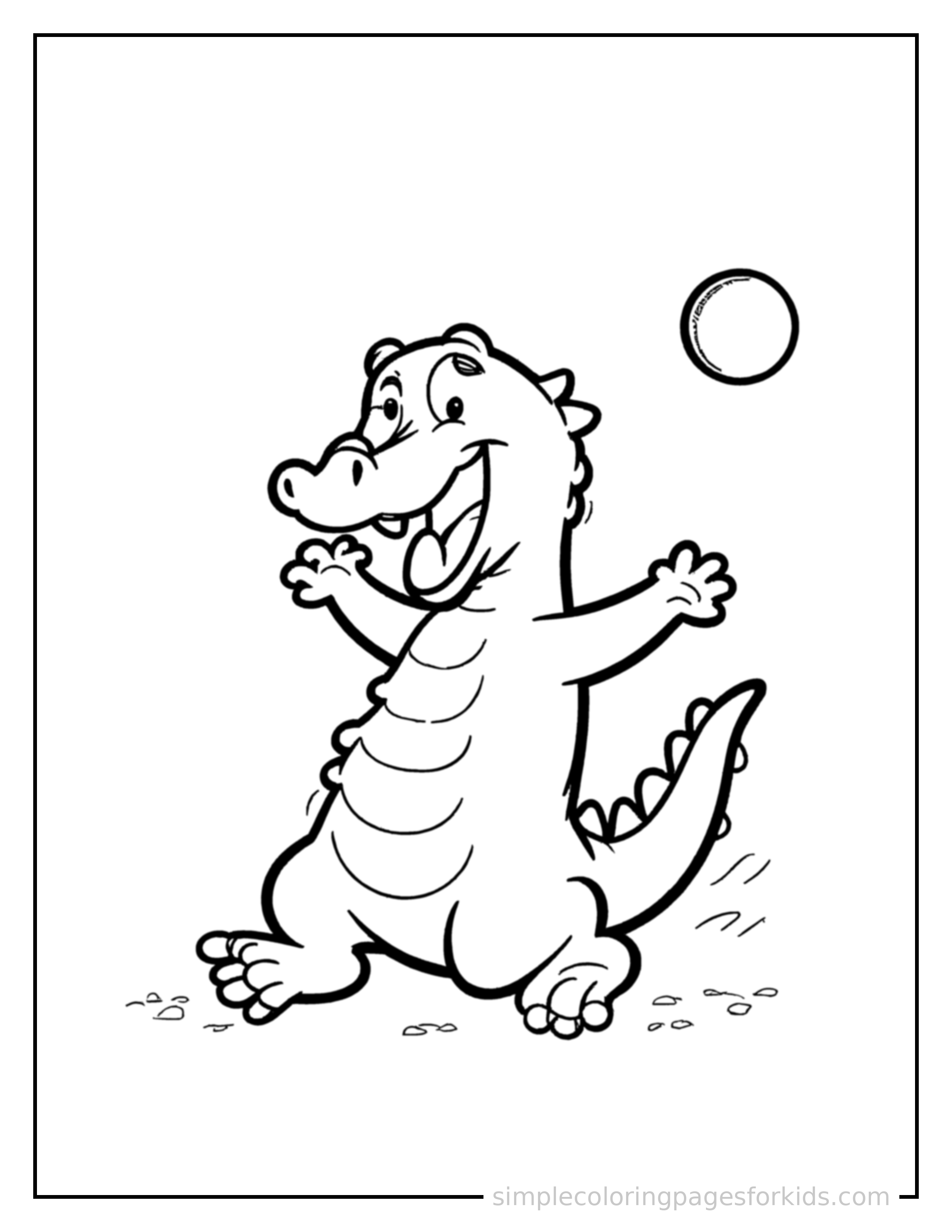 Free printable crocodile coloring page featuring a cute crocodile mid-bounce chasing a round ball, front paws stretched forward, mouth open with excitement, ears flopping.