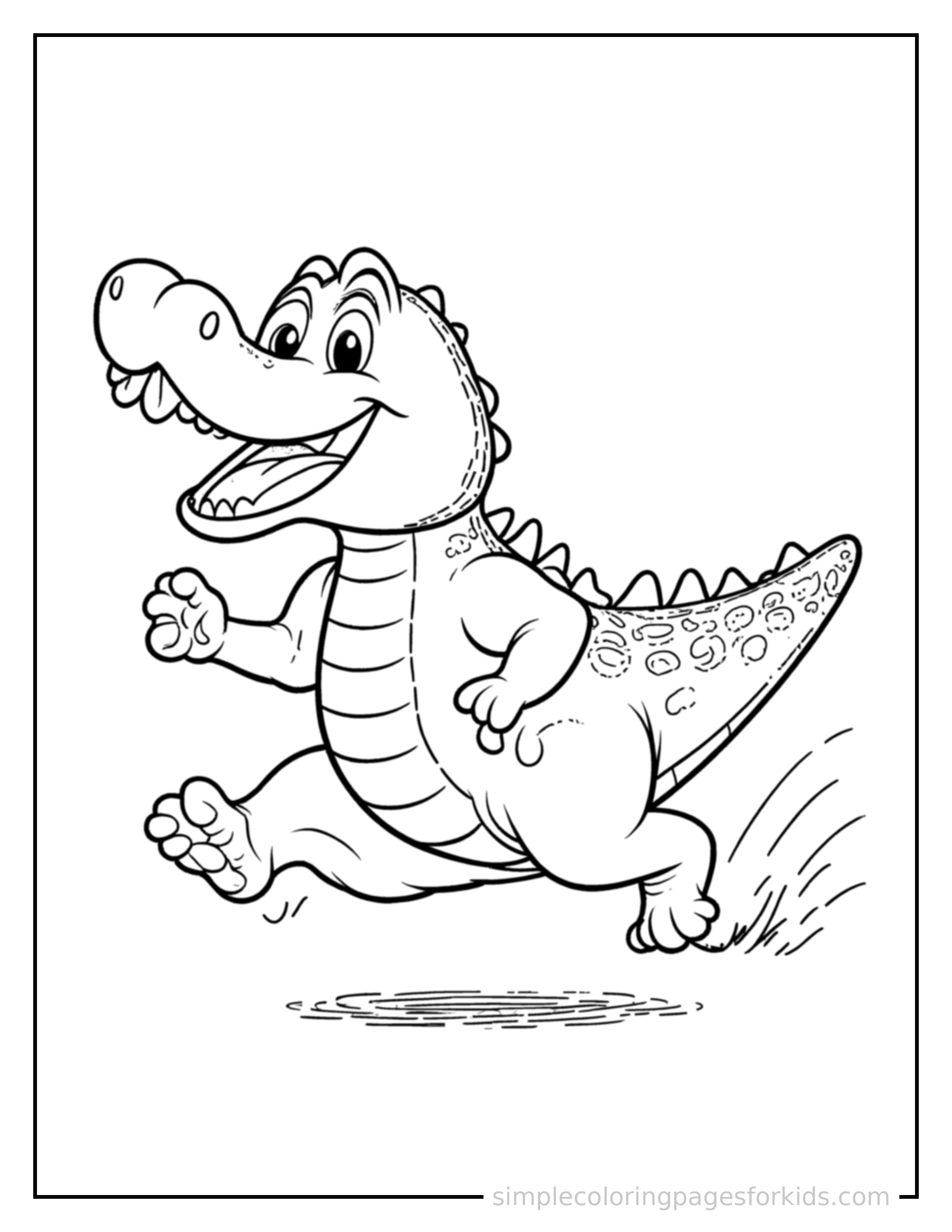 Free printable crocodile coloring page featuring a cute crocodile galloping forward at full speed, tongue out, ears flying back, big happy grin.