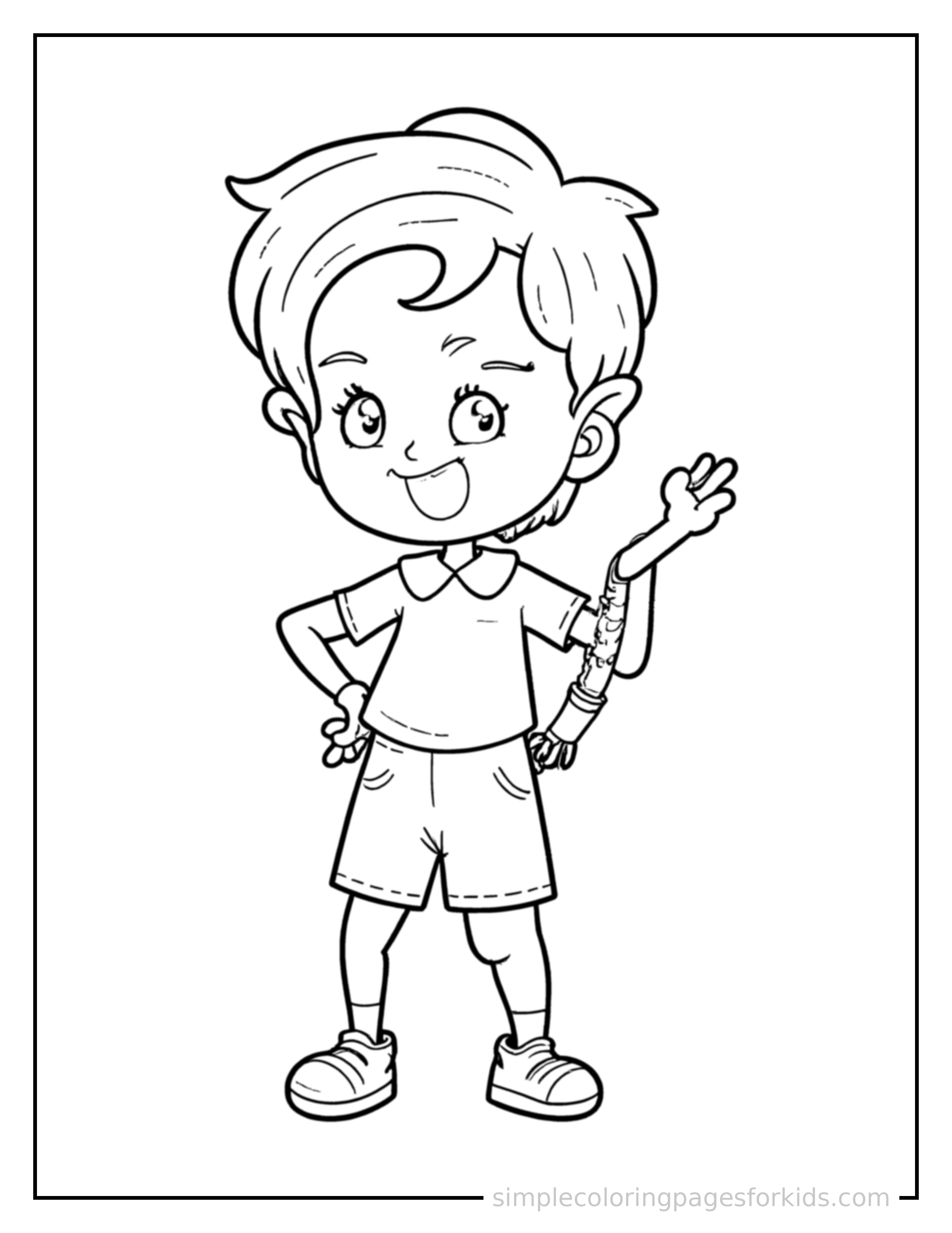 Free printable dancing coloring page featuring a cute kid dancing joyfully in a cute outfit standing proudly with hands on hips, chest out, big sparkling happy eyes and open smile.