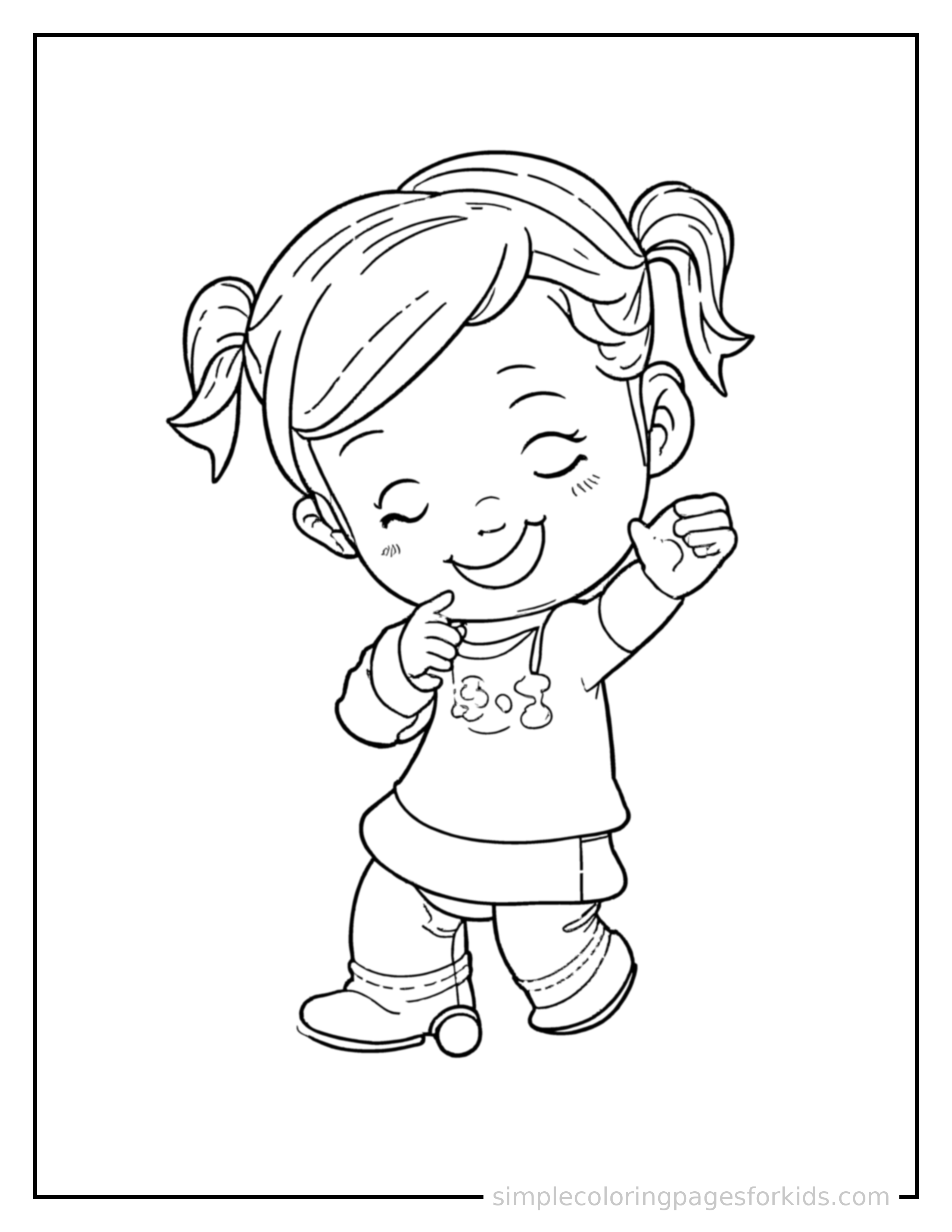 Free printable dancing coloring page featuring a cute kid dancing joyfully in a cute outfit curled up fast asleep, peaceful smile, one eye scrunched shut, hands tucked under the chin.