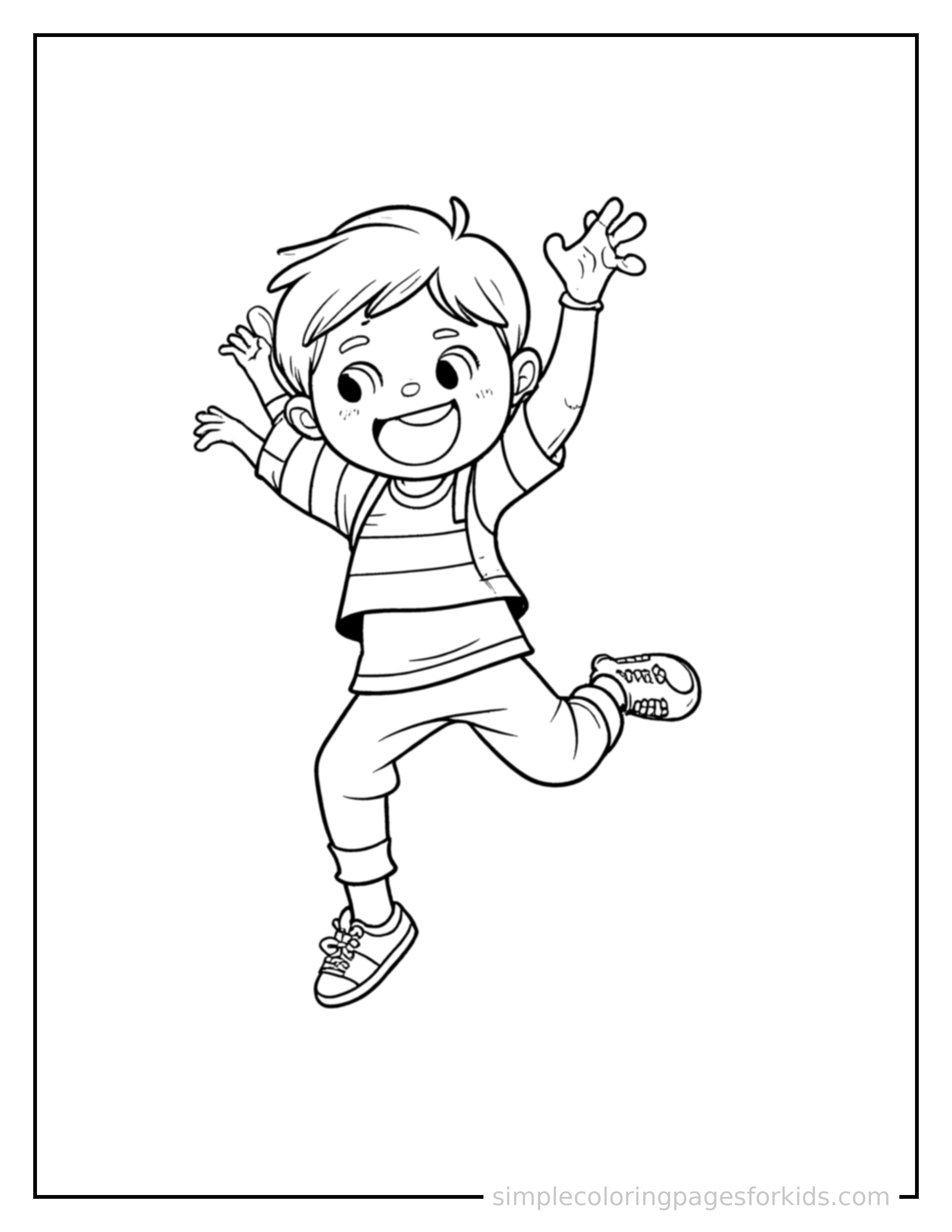 Free printable dancing coloring page featuring a cute kid dancing joyfully in a cute outfit mid-jump with arms and legs stretched out playfully, mouth open with excitement.