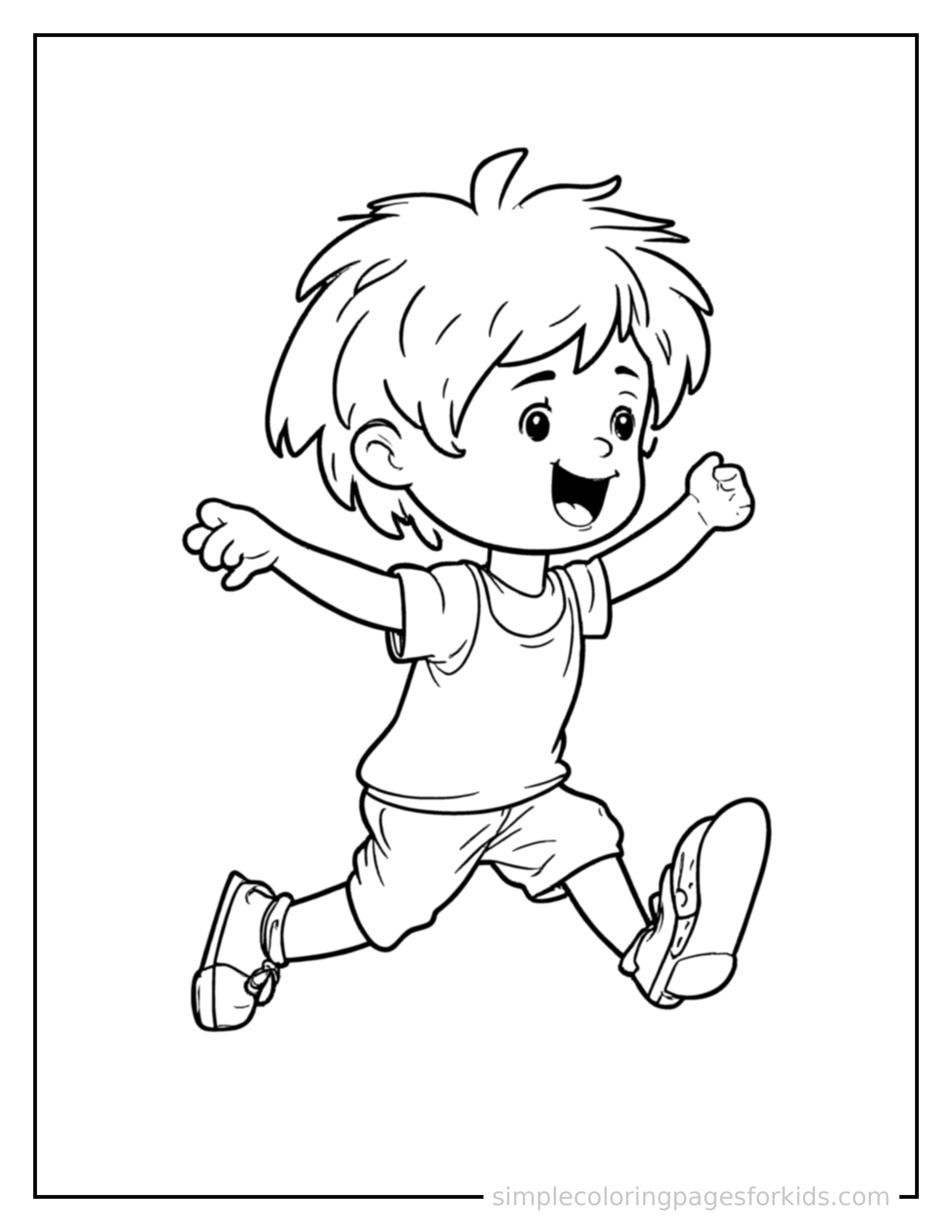 Free printable dancing coloring page featuring a cute kid dancing joyfully in a cute outfit running forward at full speed, arms pumping, big happy grin.