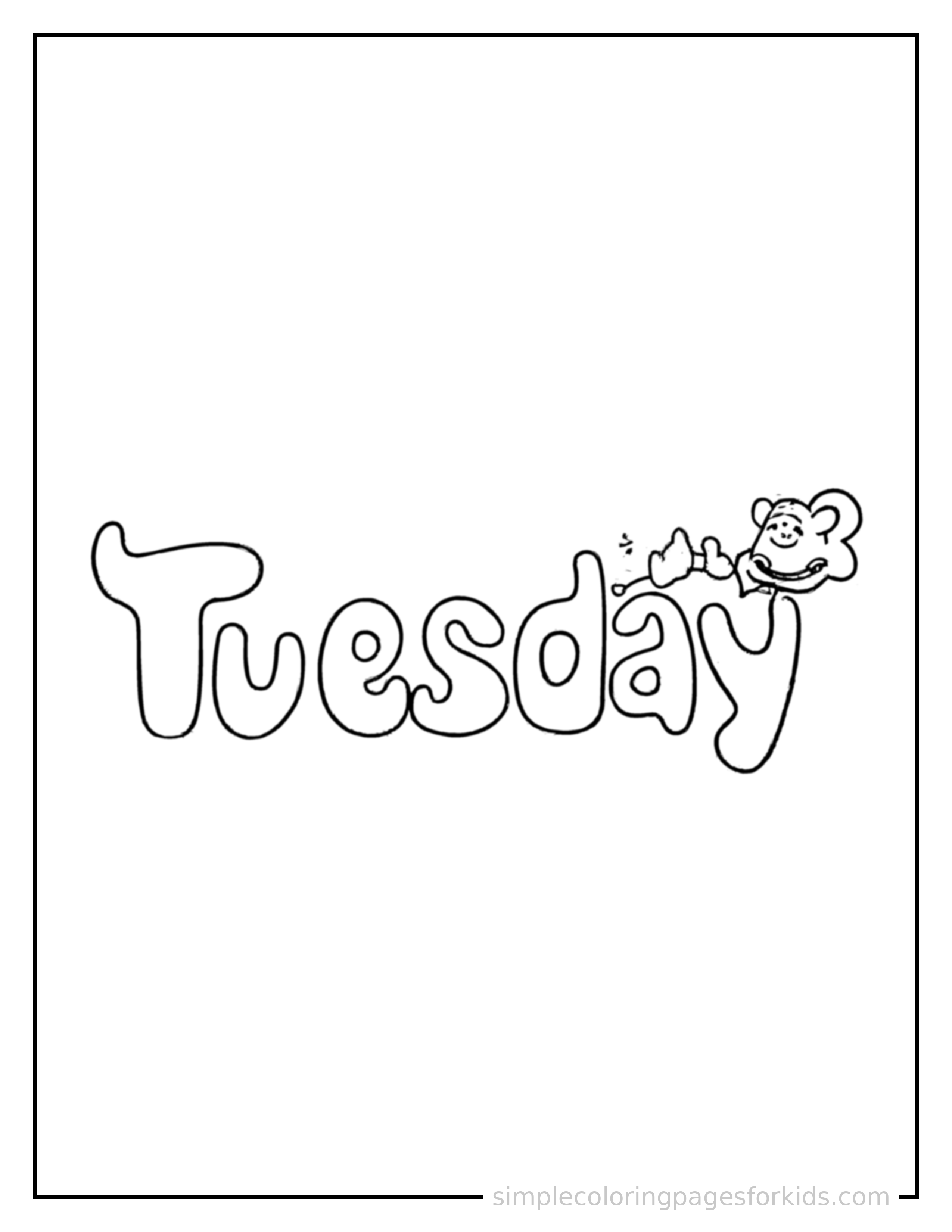Free printable days of the week coloring page featuring the word 'Tuesday' written in giant bold bubble letters, very large and clearly readable, filling most of the page, with one small cute decorative icon beside it.
