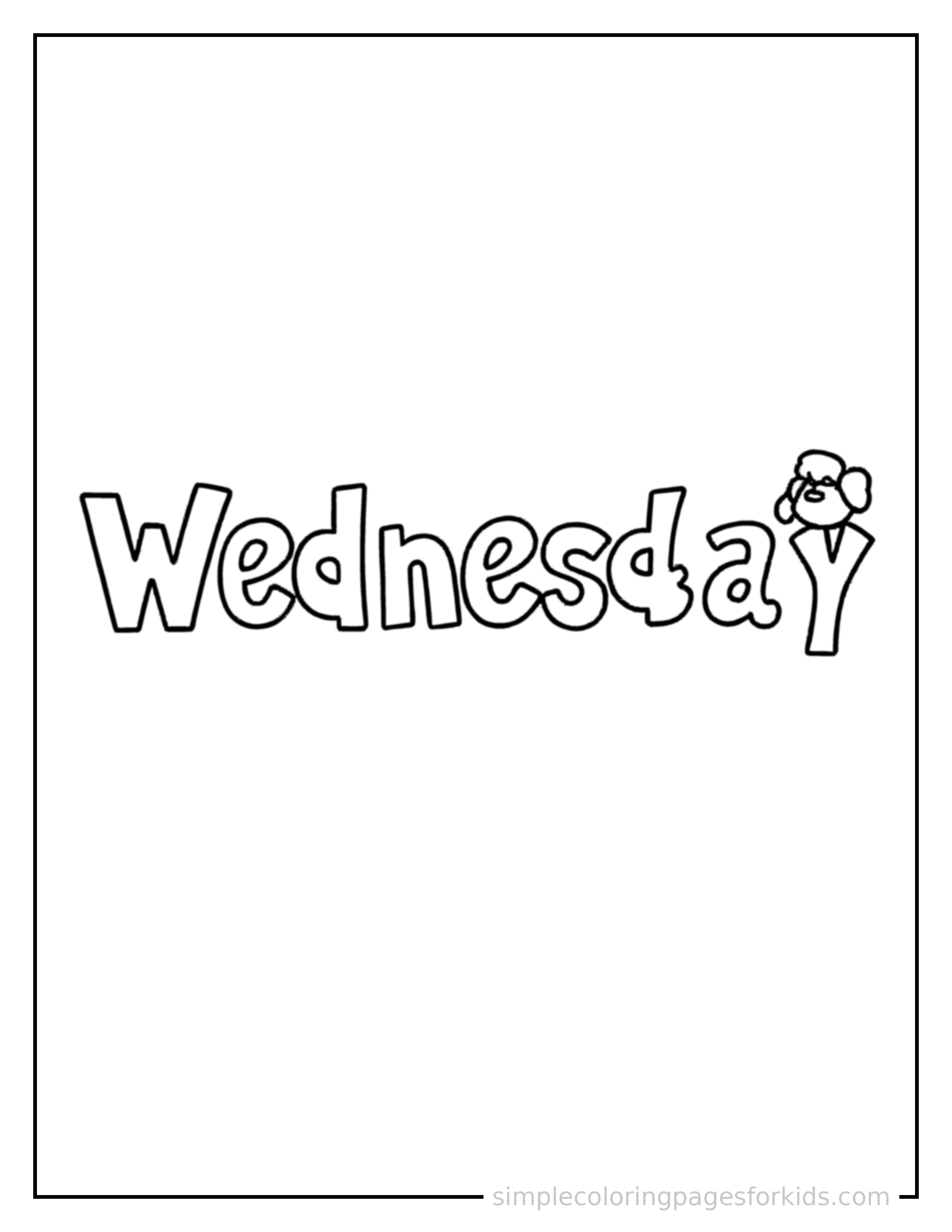 Free printable days of the week coloring page featuring the word 'Wednesday' written in giant bold bubble letters, very large and clearly readable, filling most of the page, with one small cute decorative icon beside it.