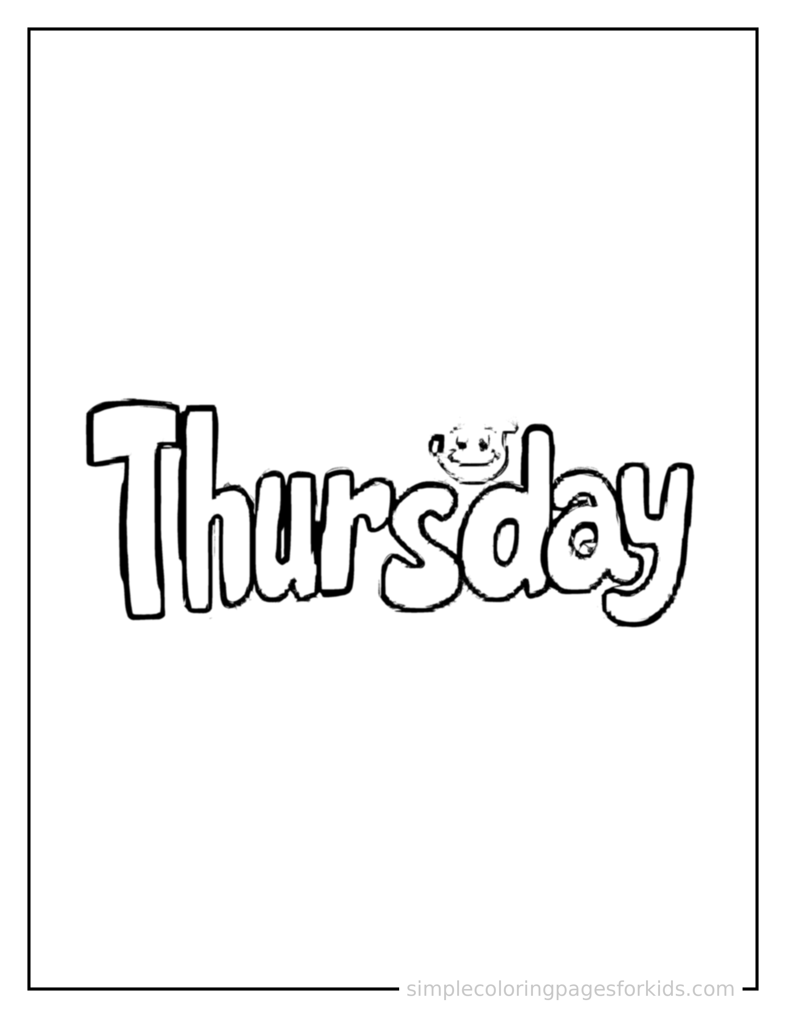 Free printable days of the week coloring page featuring the word 'Thursday' written in giant bold bubble letters, very large and clearly readable, filling most of the page, with one small cute decorative icon beside it.