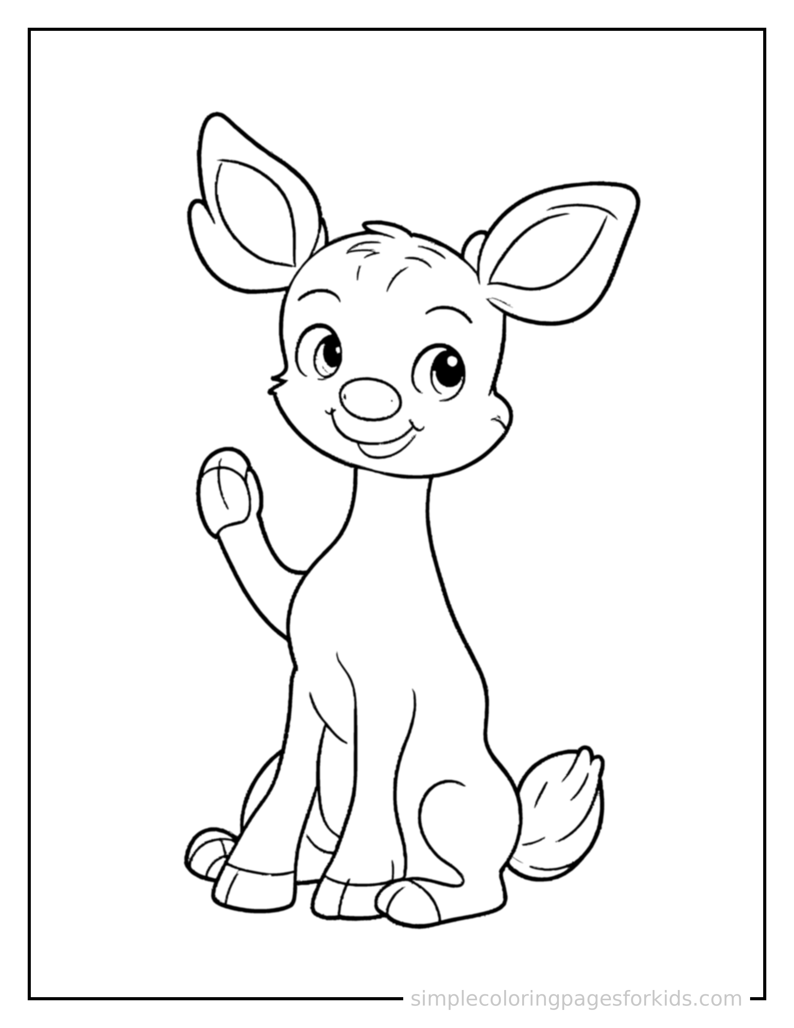 Free printable deer coloring page featuring a cute deer sitting up tall with a big cheerful grin, head tilted slightly, one paw raised in a wave.