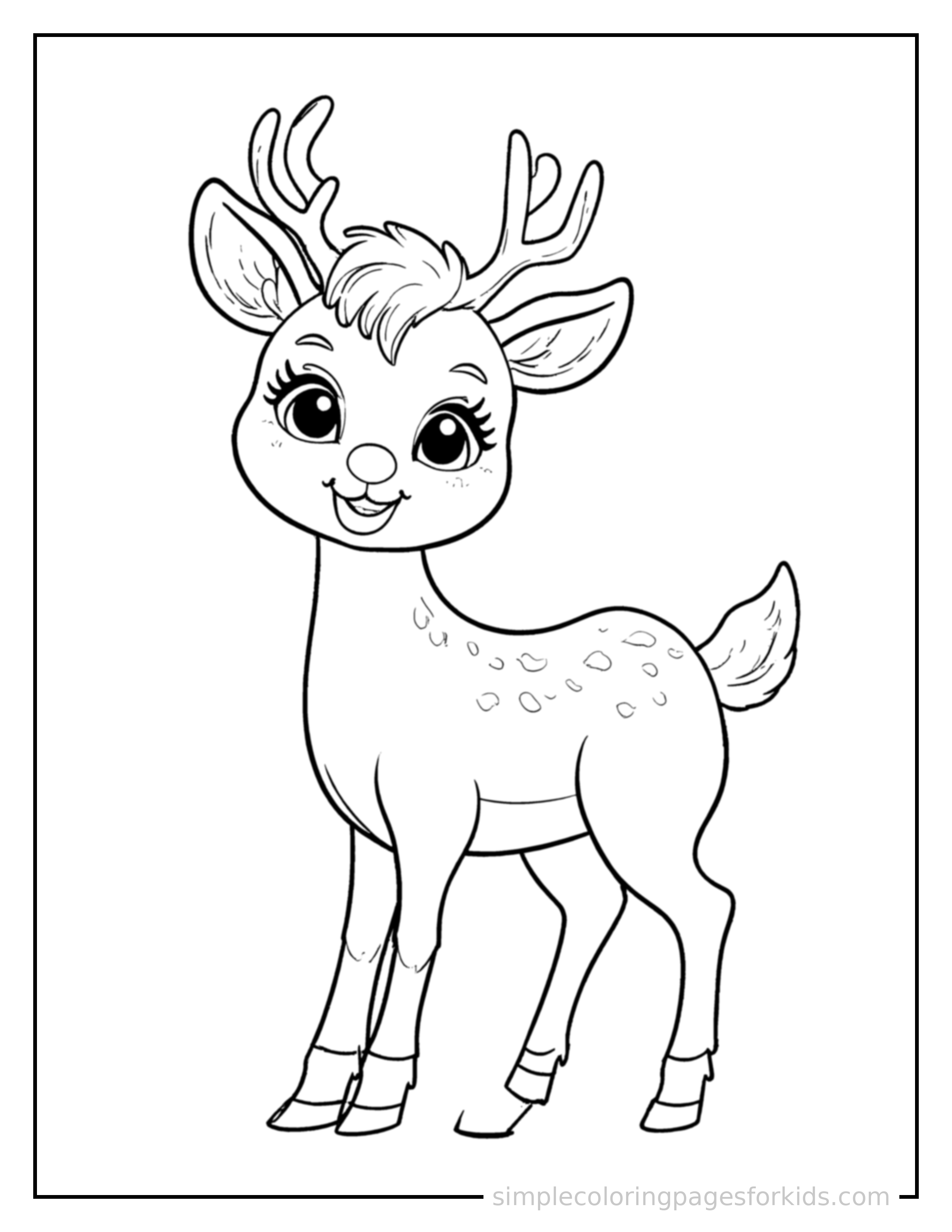 Free printable deer coloring page featuring a cute deer standing proudly on all fours, chest puffed out, big sparkling happy eyes, mouth open in a joyful smile.