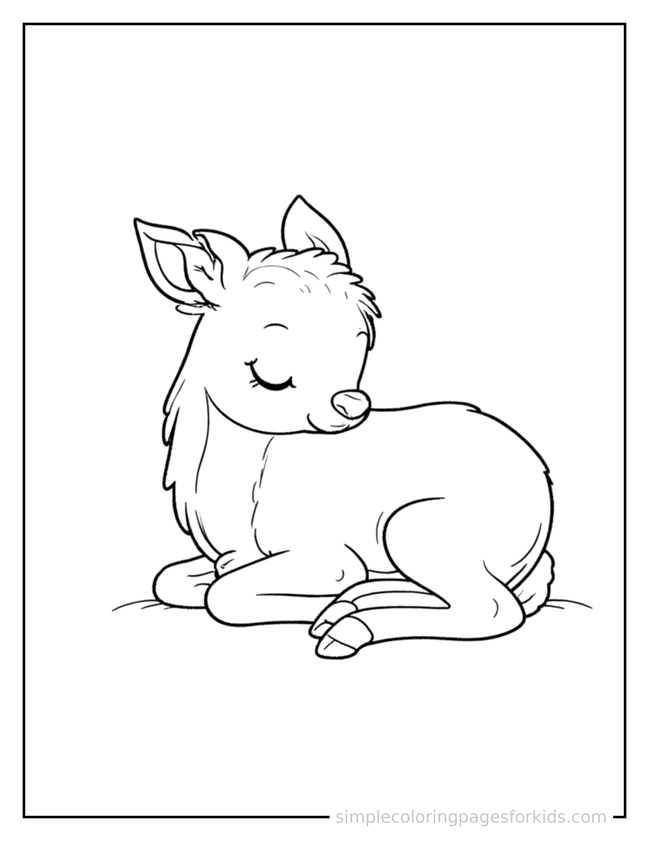 Free printable deer coloring page featuring a cute deer curled up fast asleep, peaceful smile, one eye scrunched shut, paws tucked under its chin.