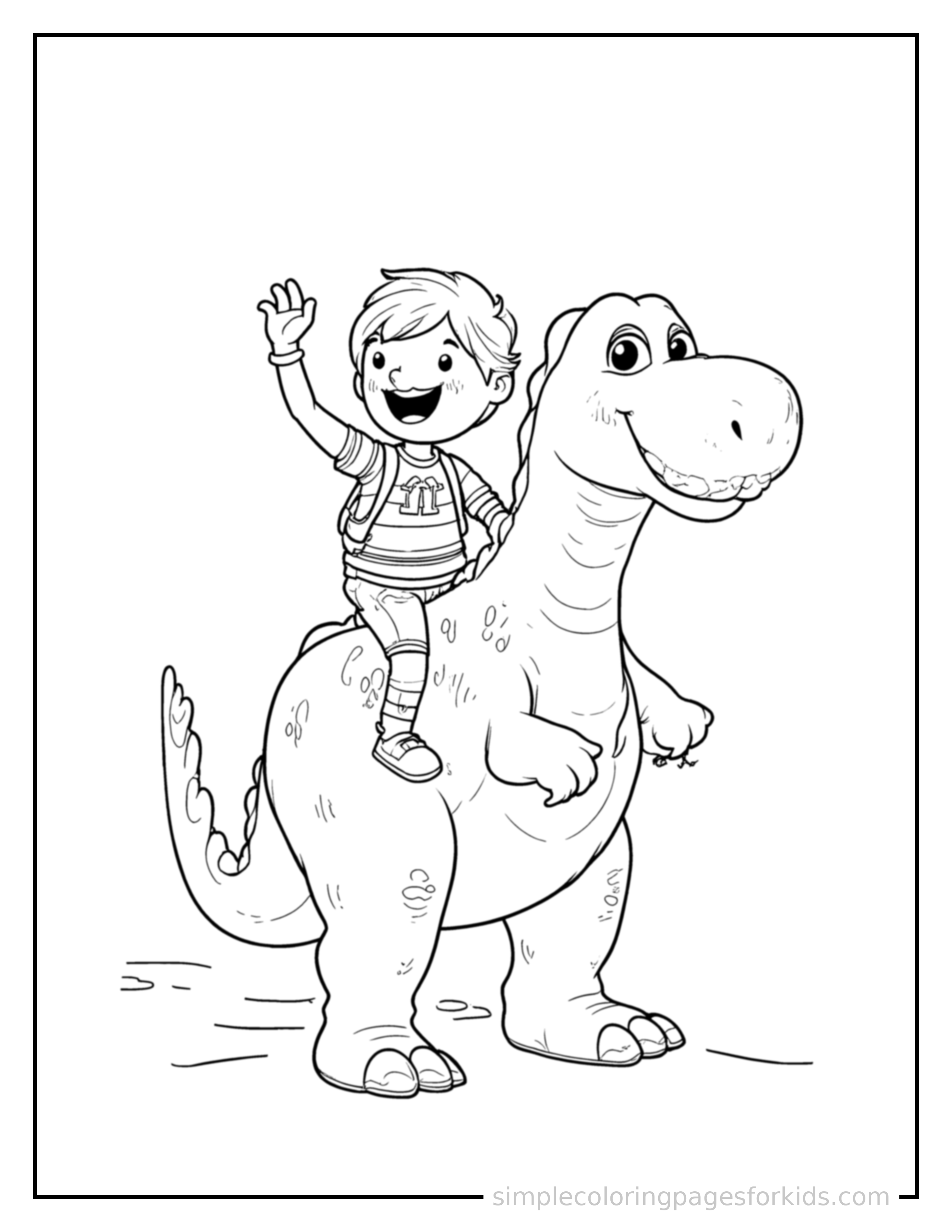 Free printable dino rider coloring page featuring a cute kid adventurer riding on the back of a friendly dinosaur standing tall with a big cheerful grin, one hand raised in a wave, head tilted slightly.
