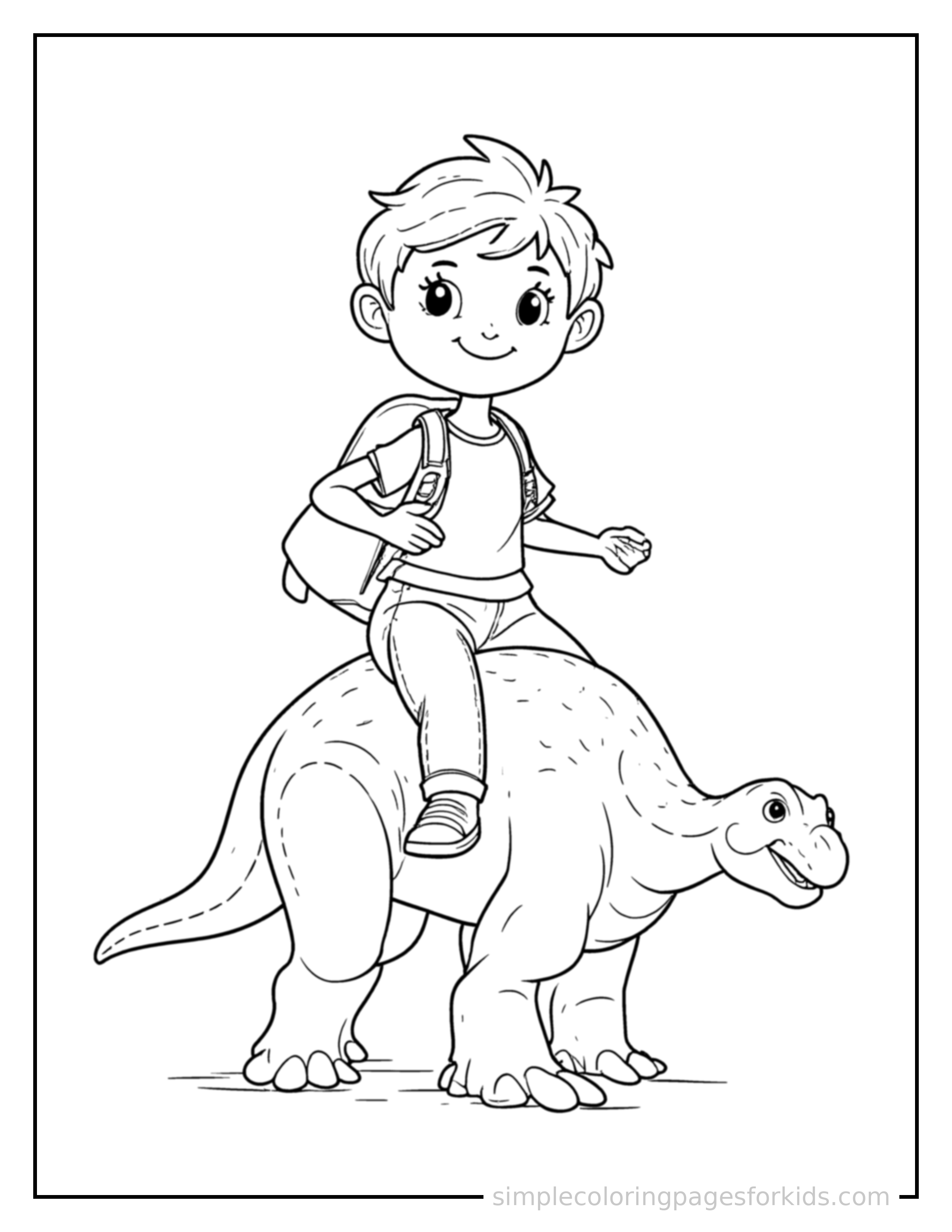 Free printable dino rider coloring page featuring a cute kid adventurer riding on the back of a friendly dinosaur standing proudly with hands on hips, chest out, big sparkling happy eyes and open smile.