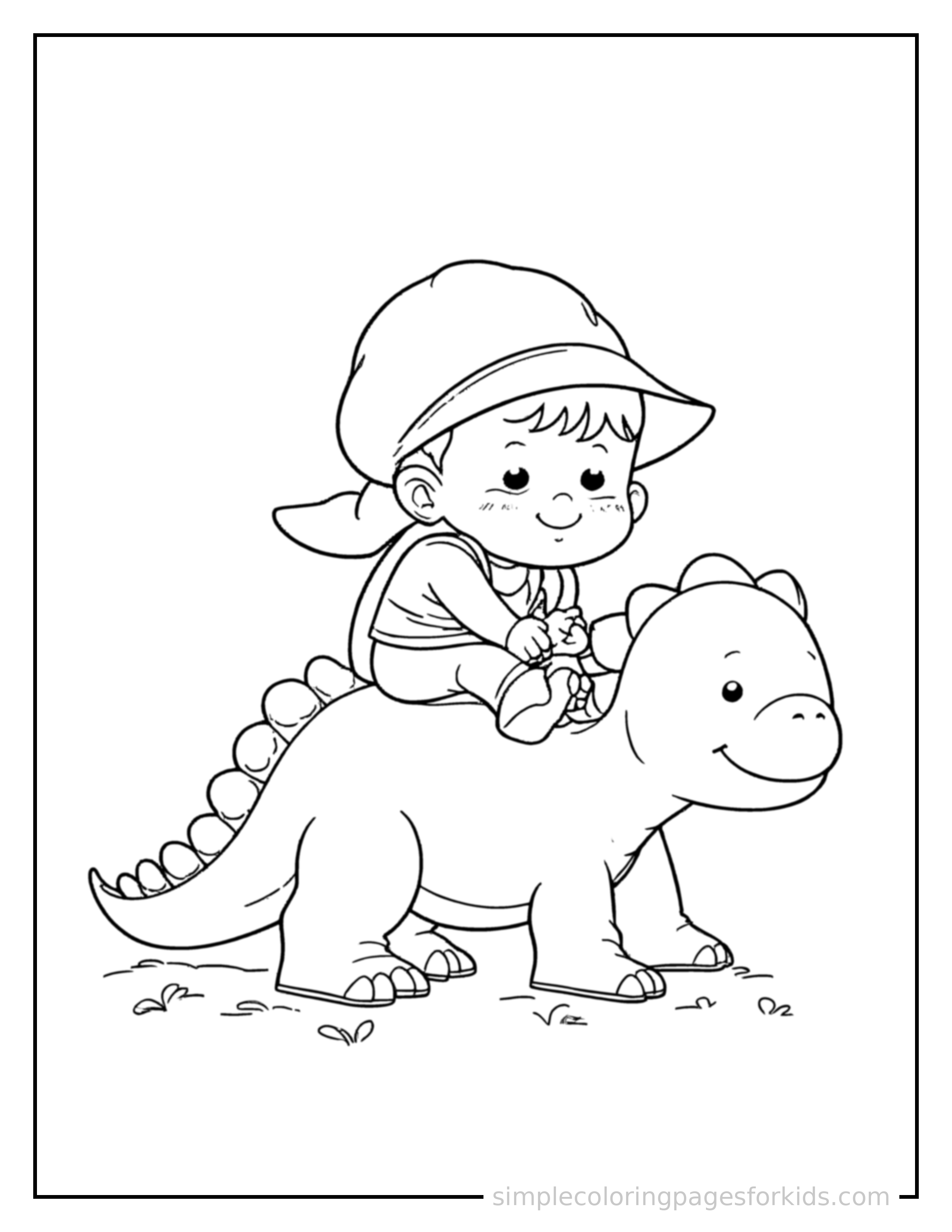 Free printable dino rider coloring page featuring a cute kid adventurer riding on the back of a friendly dinosaur curled up fast asleep, peaceful smile, one eye scrunched shut, hands tucked under the chin.