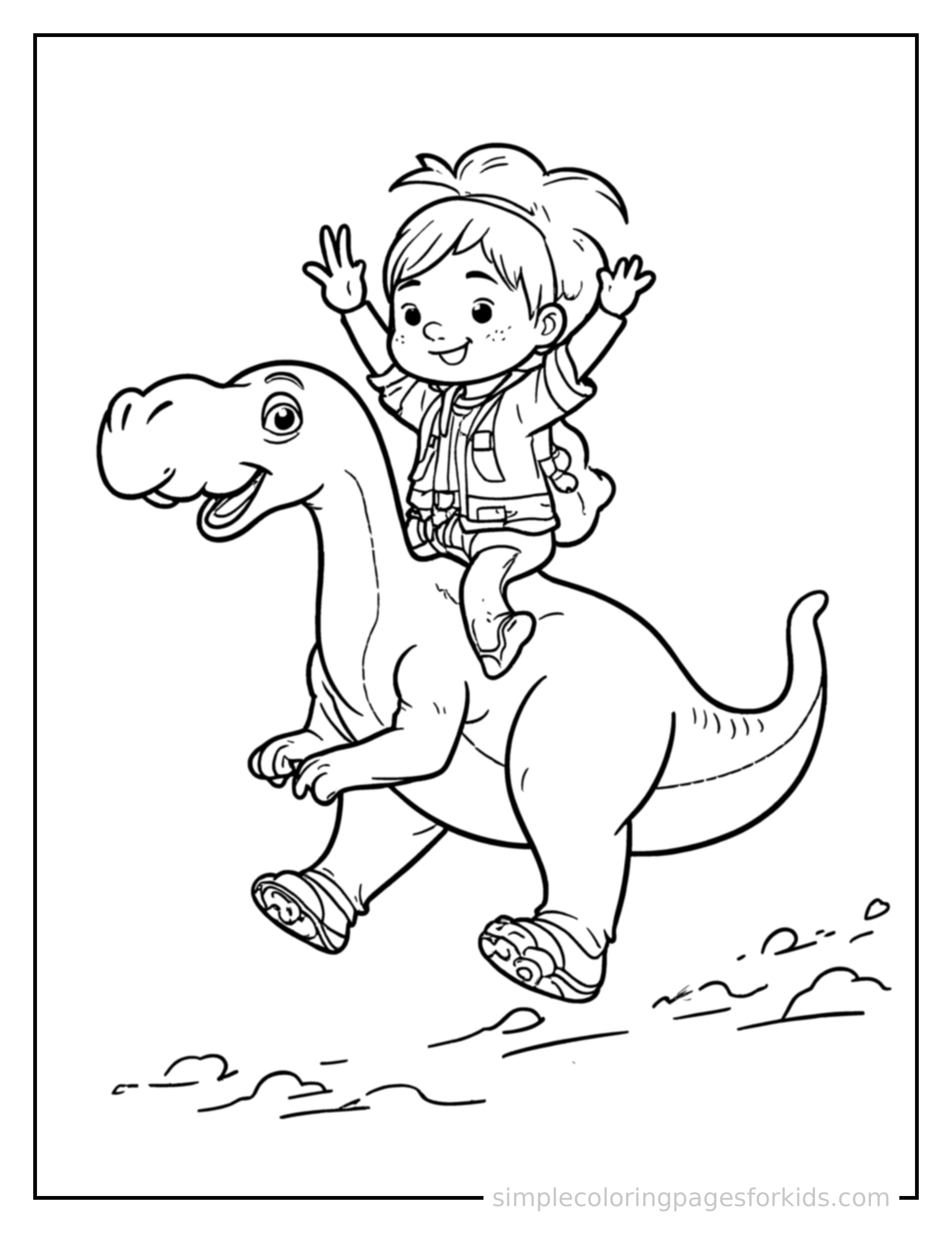 Free printable dino rider coloring page featuring a cute kid adventurer riding on the back of a friendly dinosaur running forward at full speed, arms pumping, big happy grin.