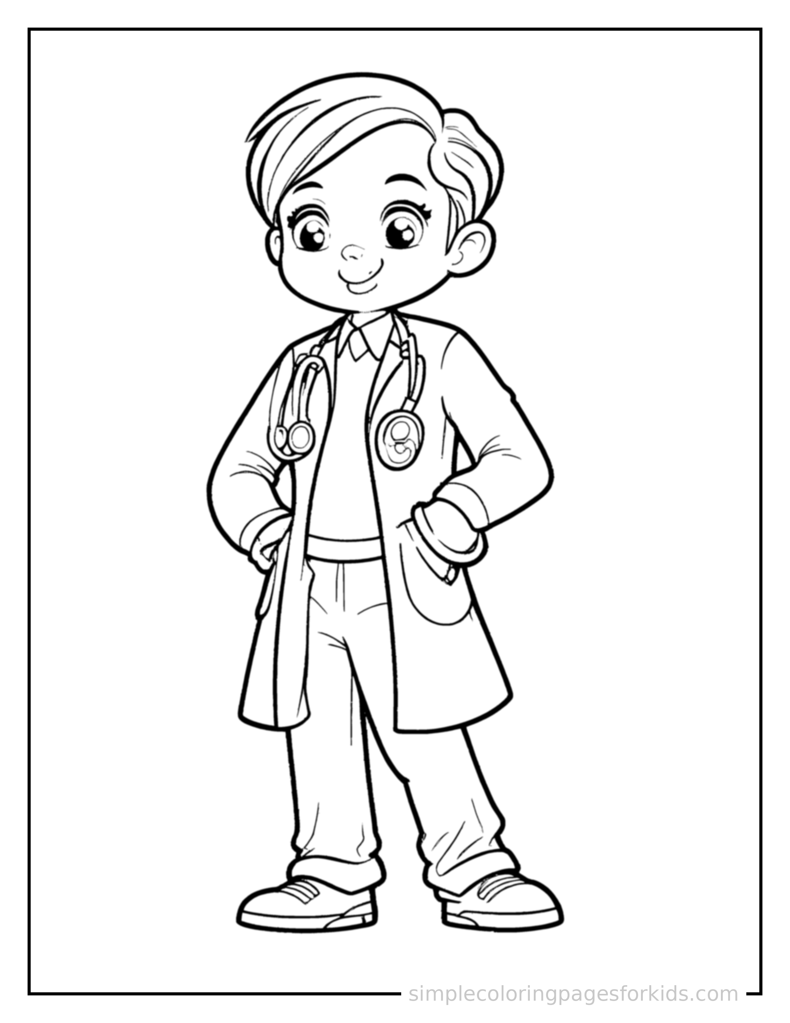 Free printable doctor coloring page featuring a cute doctor wearing a white coat and a stethoscope standing proudly with hands on hips, chest out, big sparkling happy eyes and open smile.