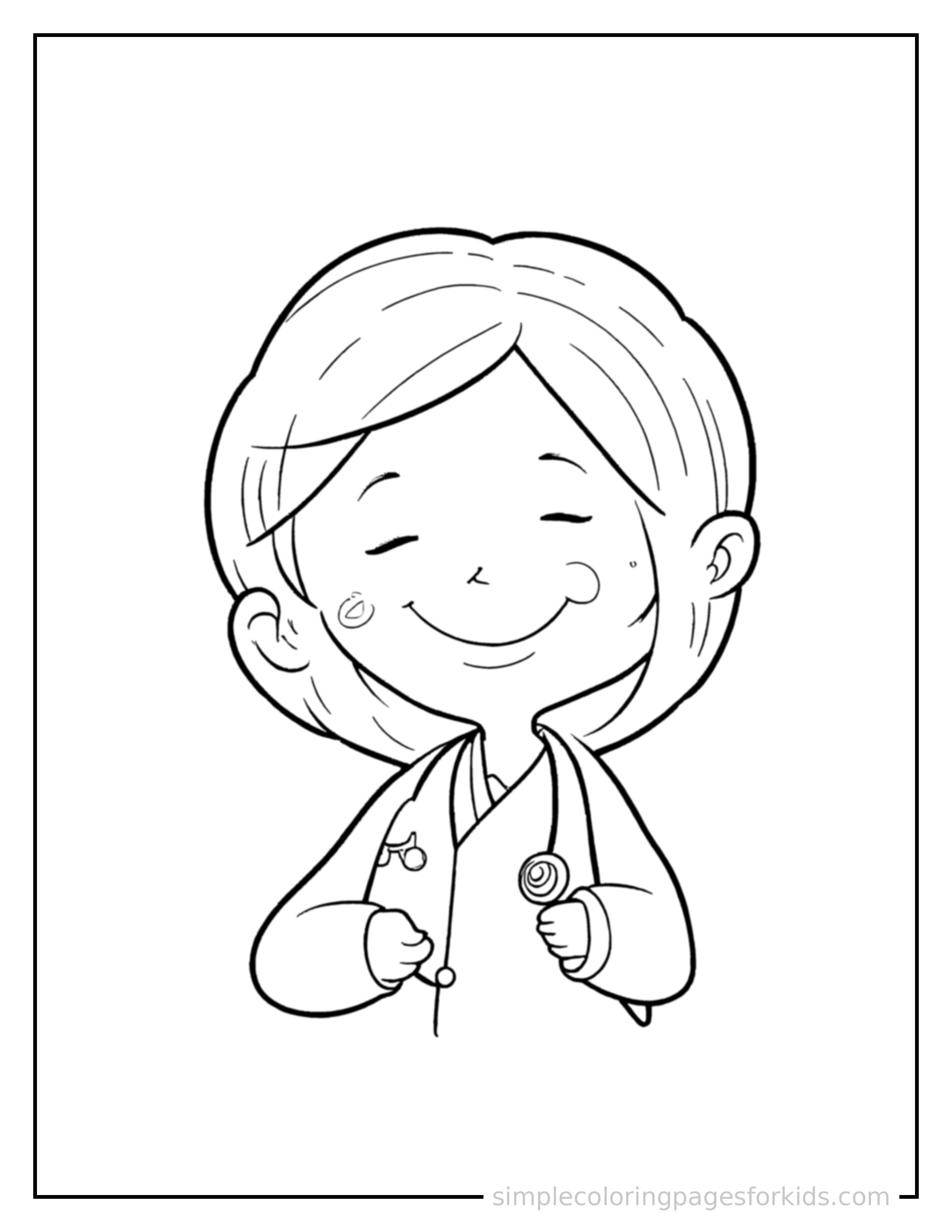 Free printable doctor coloring page featuring a cute doctor wearing a white coat and a stethoscope curled up fast asleep, peaceful smile, one eye scrunched shut, hands tucked under the chin.