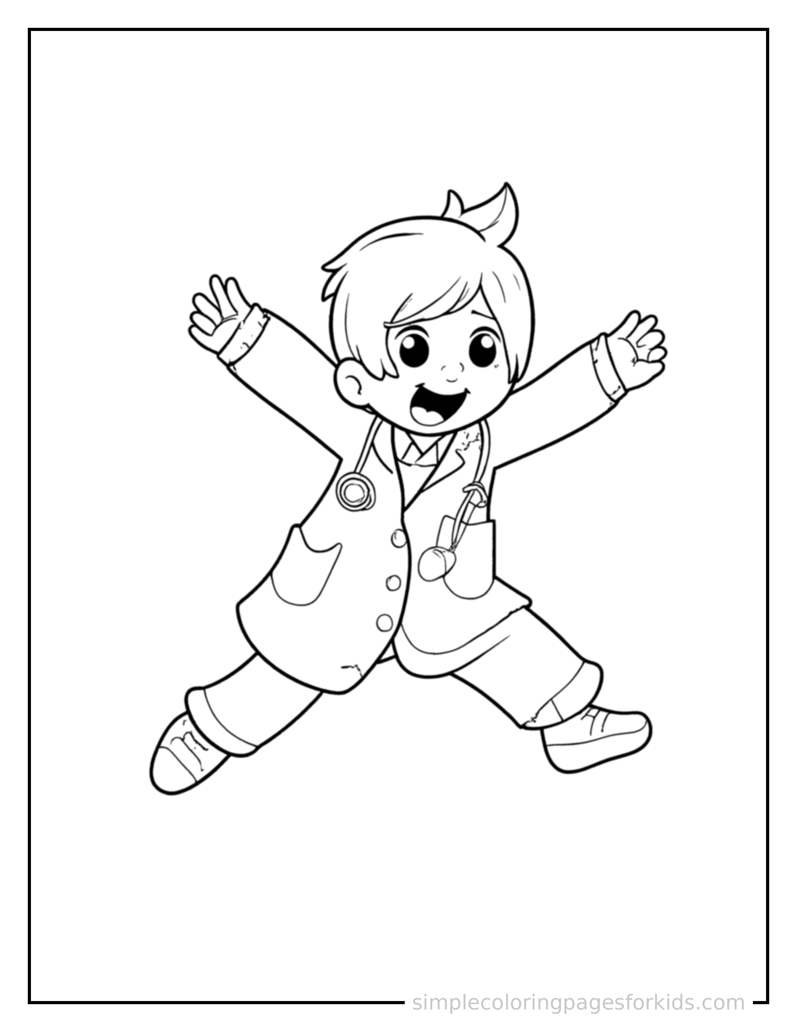 Free printable doctor coloring page featuring a cute doctor wearing a white coat and a stethoscope mid-jump with arms and legs stretched out playfully, mouth open with excitement.