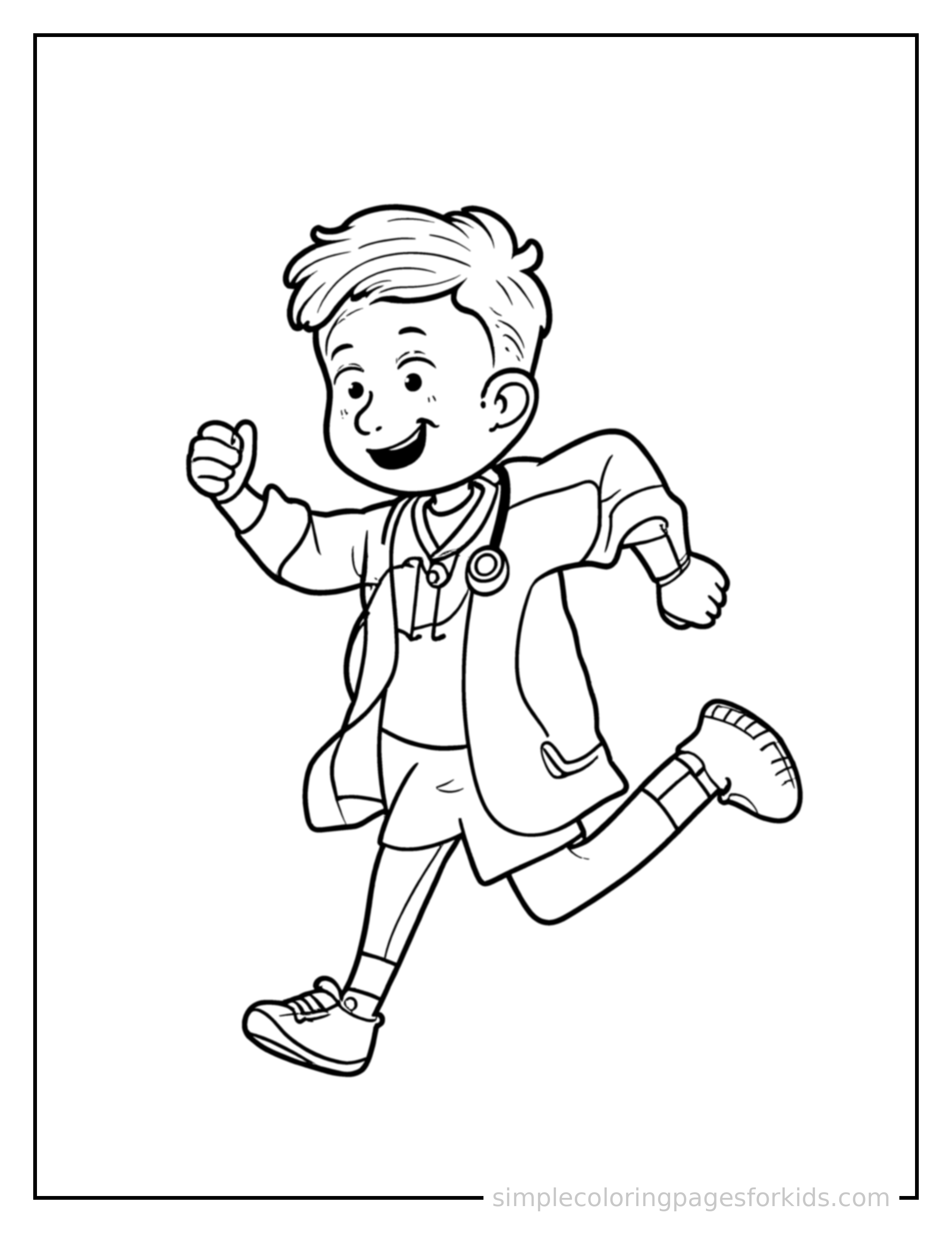 Free printable doctor coloring page featuring a cute doctor wearing a white coat and a stethoscope running forward at full speed, arms pumping, big happy grin.