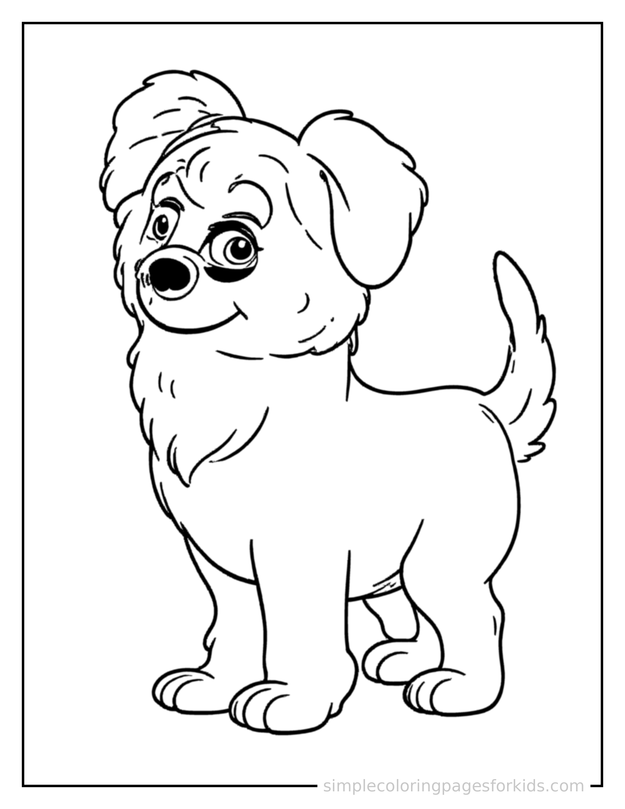 Free printable dog coloring page featuring a cute dog standing proudly on all fours, chest puffed out, big sparkling happy eyes, mouth open in a joyful smile.