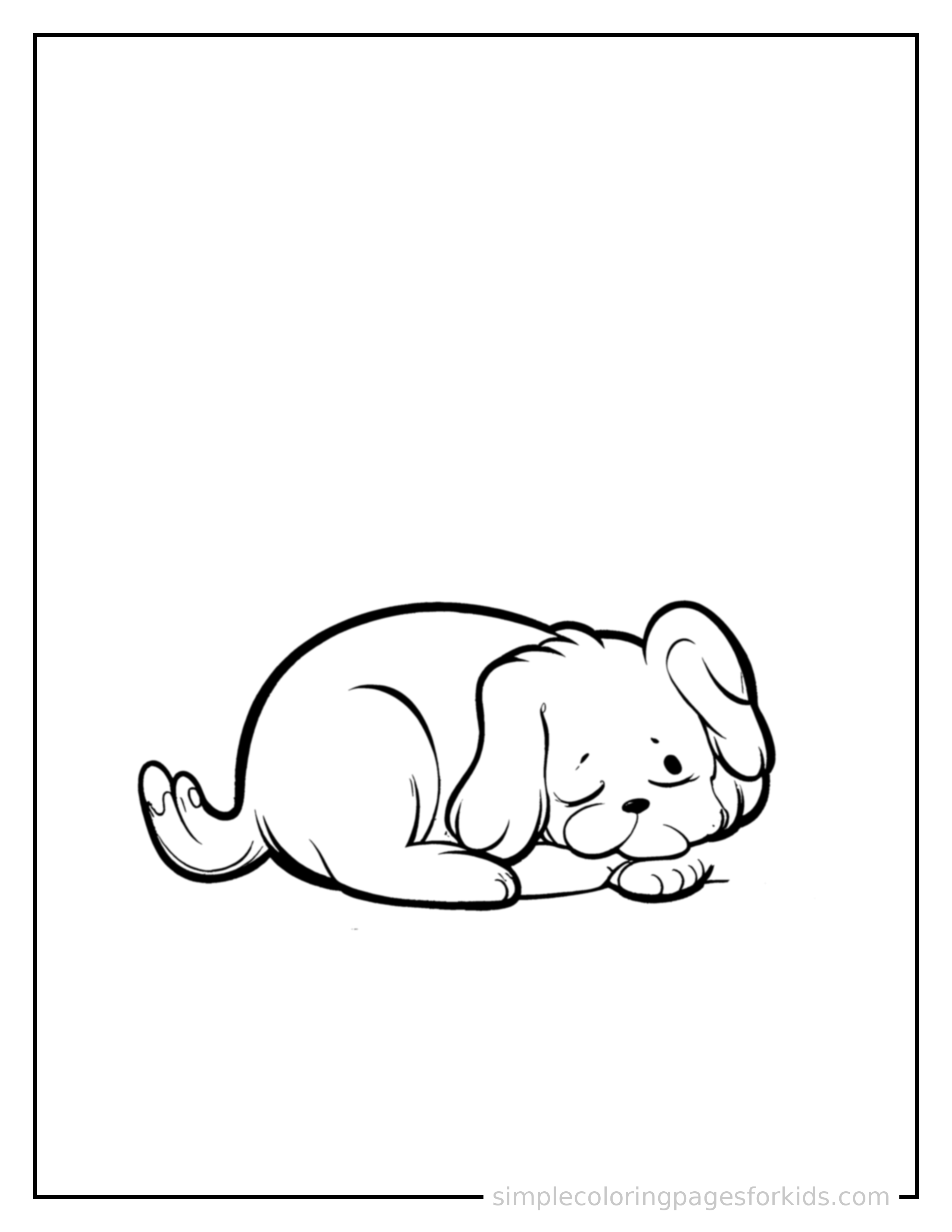 Free printable dog coloring page featuring a cute dog curled up fast asleep, peaceful smile, one eye scrunched shut, paws tucked under its chin.