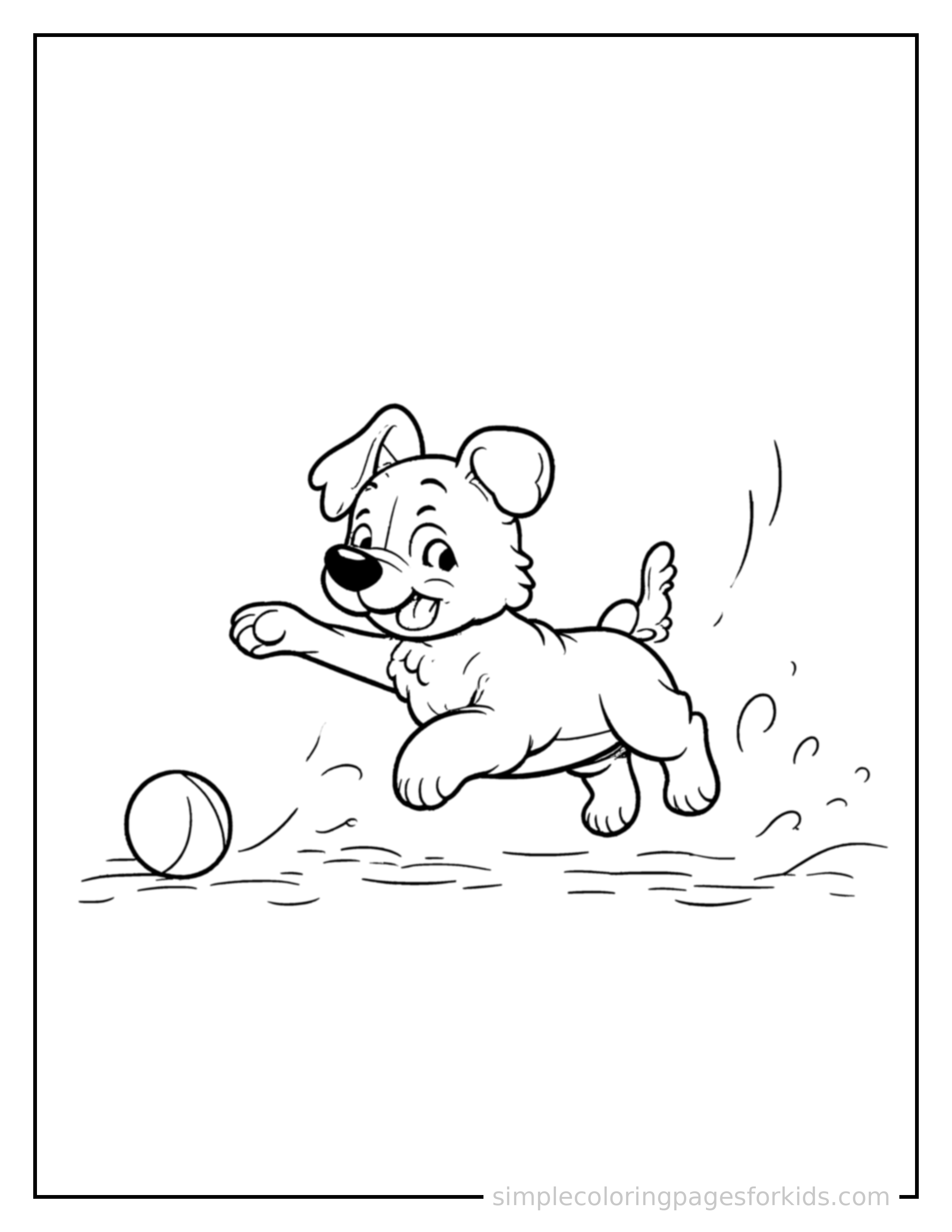 Free printable dog coloring page featuring a cute dog mid-bounce chasing a round ball, front paws stretched forward, mouth open with excitement, ears flopping.