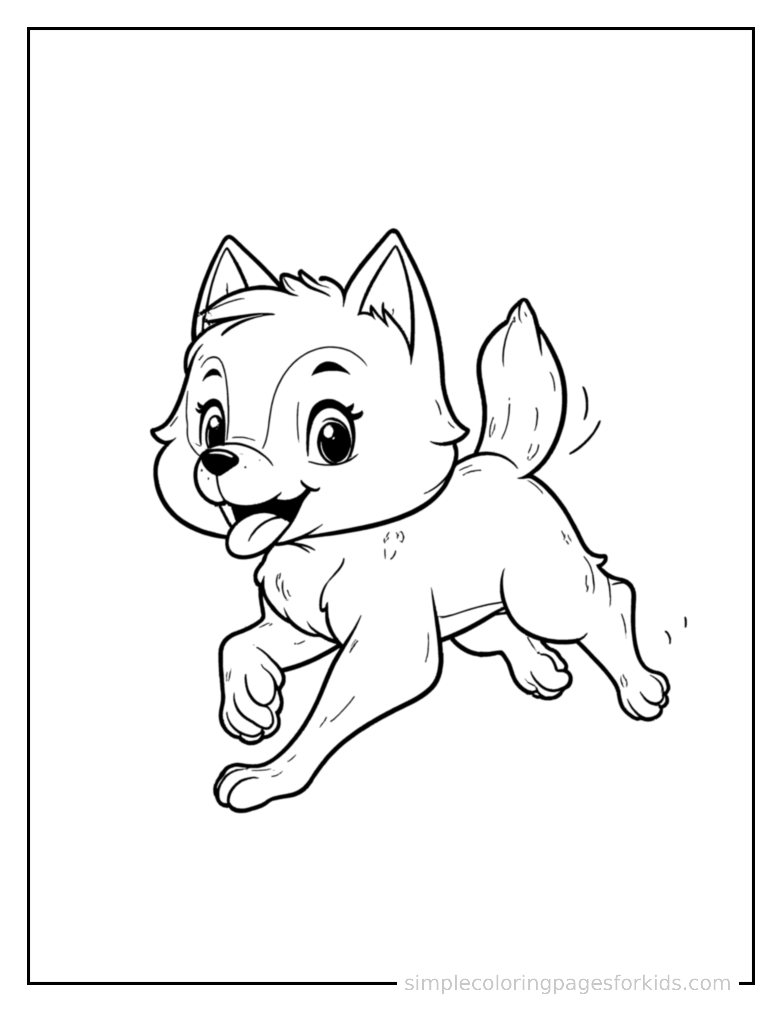 Free printable dog coloring page featuring a cute dog galloping forward at full speed, tongue out, ears flying back, big happy grin.