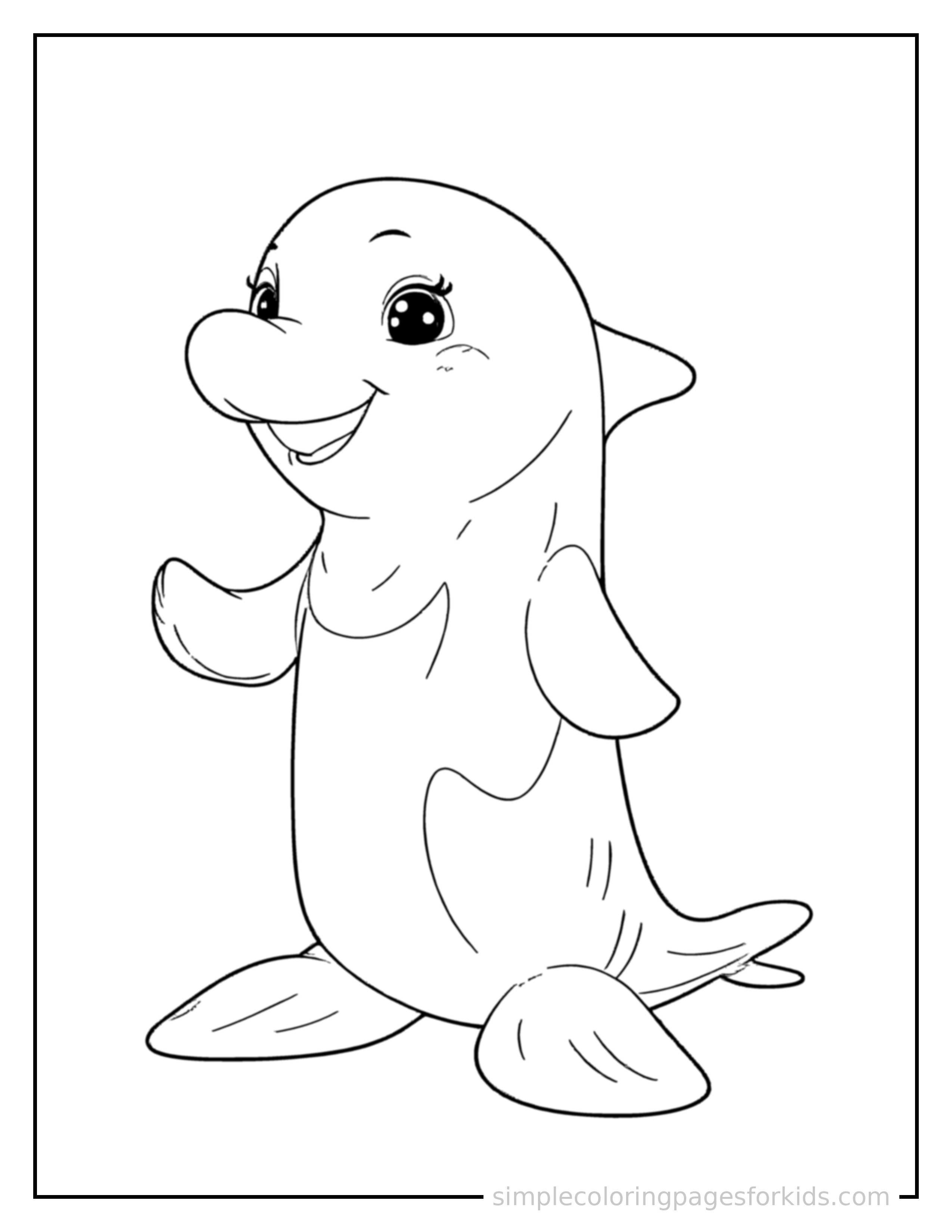 Free printable dolphin coloring page featuring a cute dolphin sitting up tall with a big cheerful grin, head tilted slightly, one paw raised in a wave.