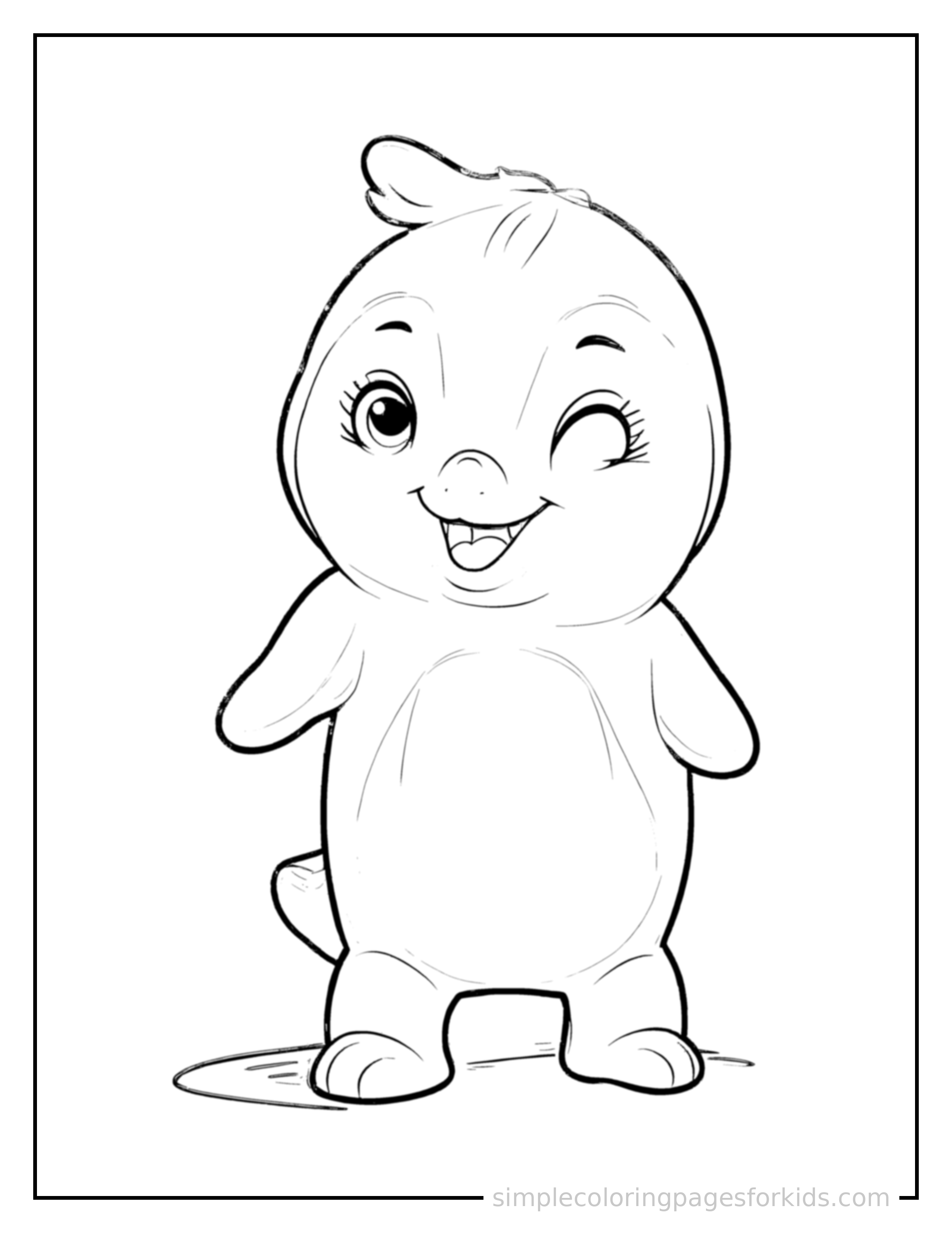 Free printable dolphin coloring page featuring a cute dolphin standing proudly on all fours, chest puffed out, big sparkling happy eyes, mouth open in a joyful smile.