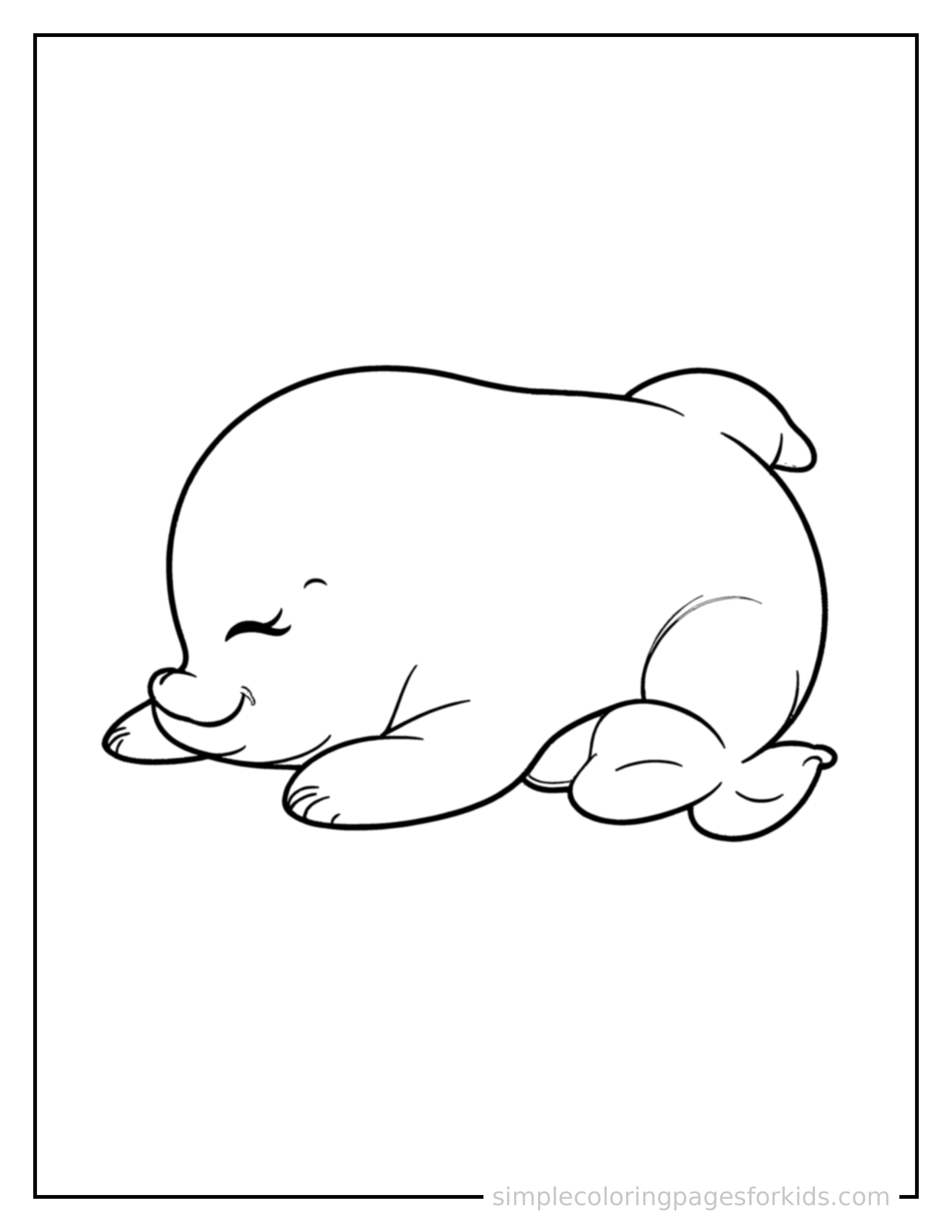 Free printable dolphin coloring page featuring a cute dolphin curled up fast asleep, peaceful smile, one eye scrunched shut, paws tucked under its chin.