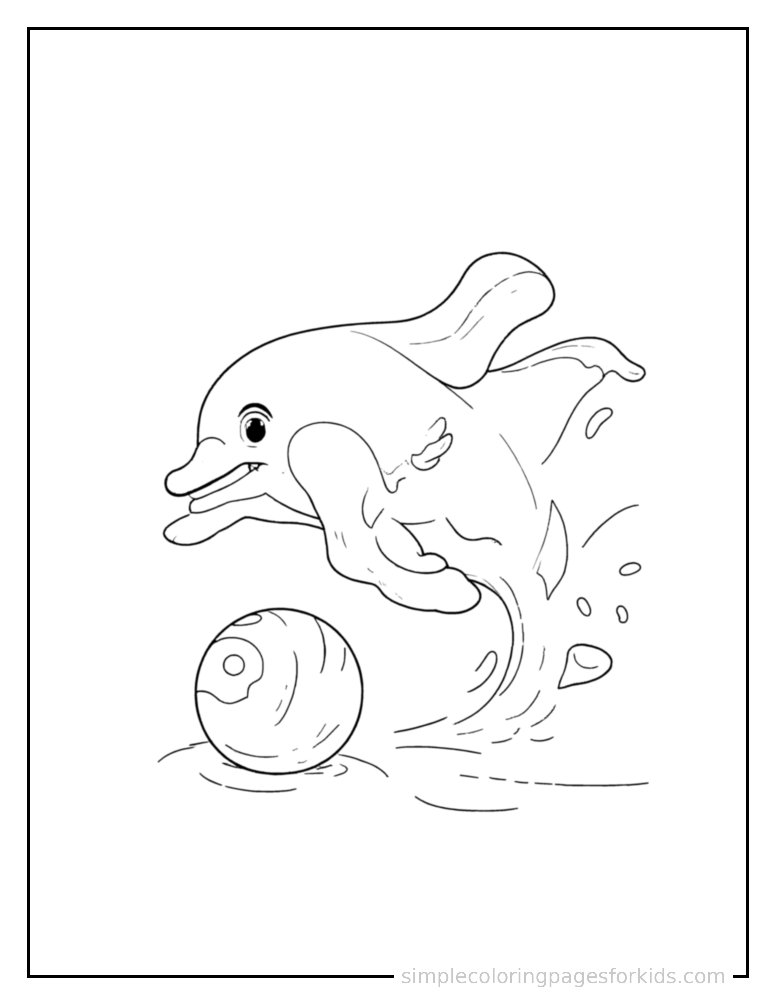 Free printable dolphin coloring page featuring a cute dolphin mid-bounce chasing a round ball, front paws stretched forward, mouth open with excitement, ears flopping.