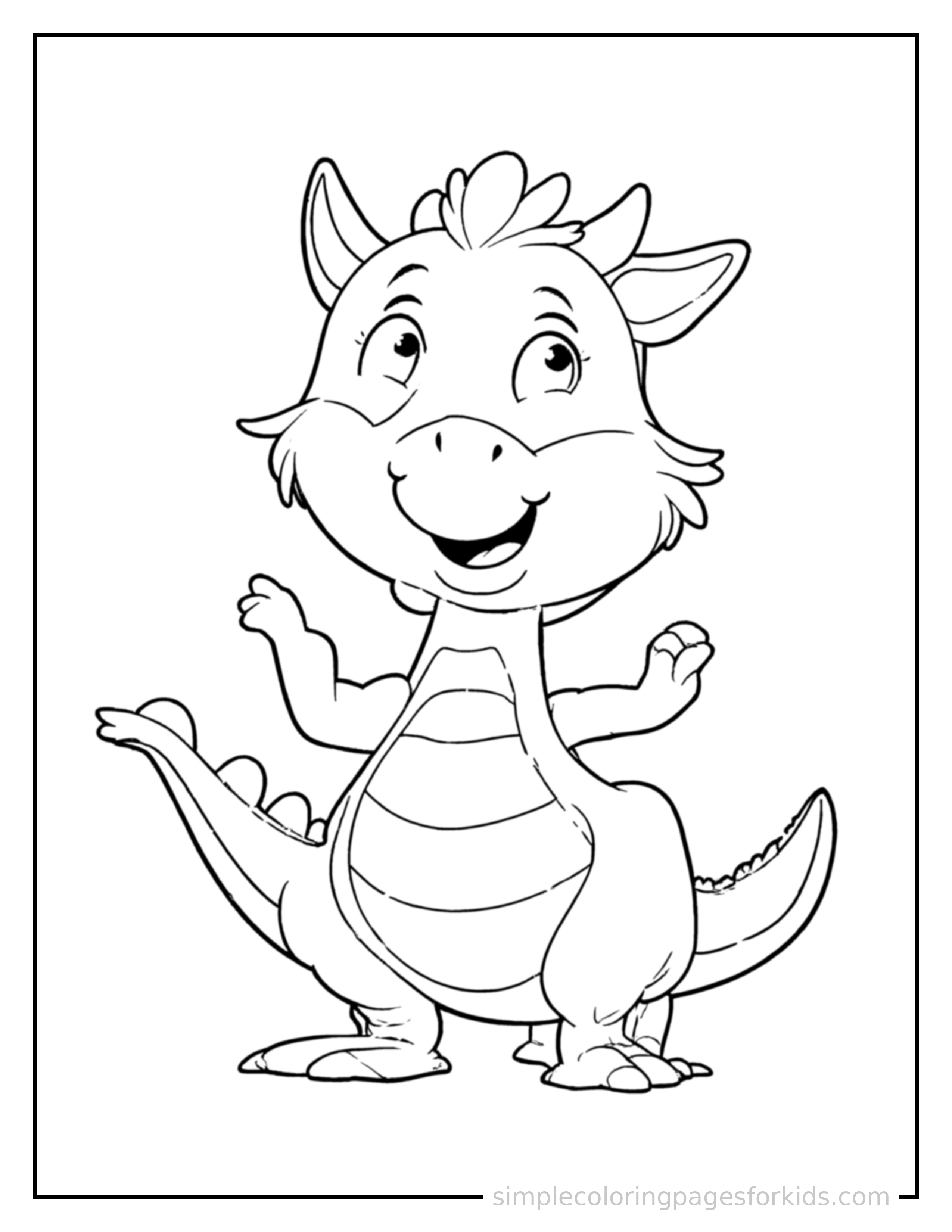 Free printable dragon coloring page featuring a cute baby dragon standing proudly on all fours, chest puffed out, big sparkling happy eyes, mouth open in a joyful smile.