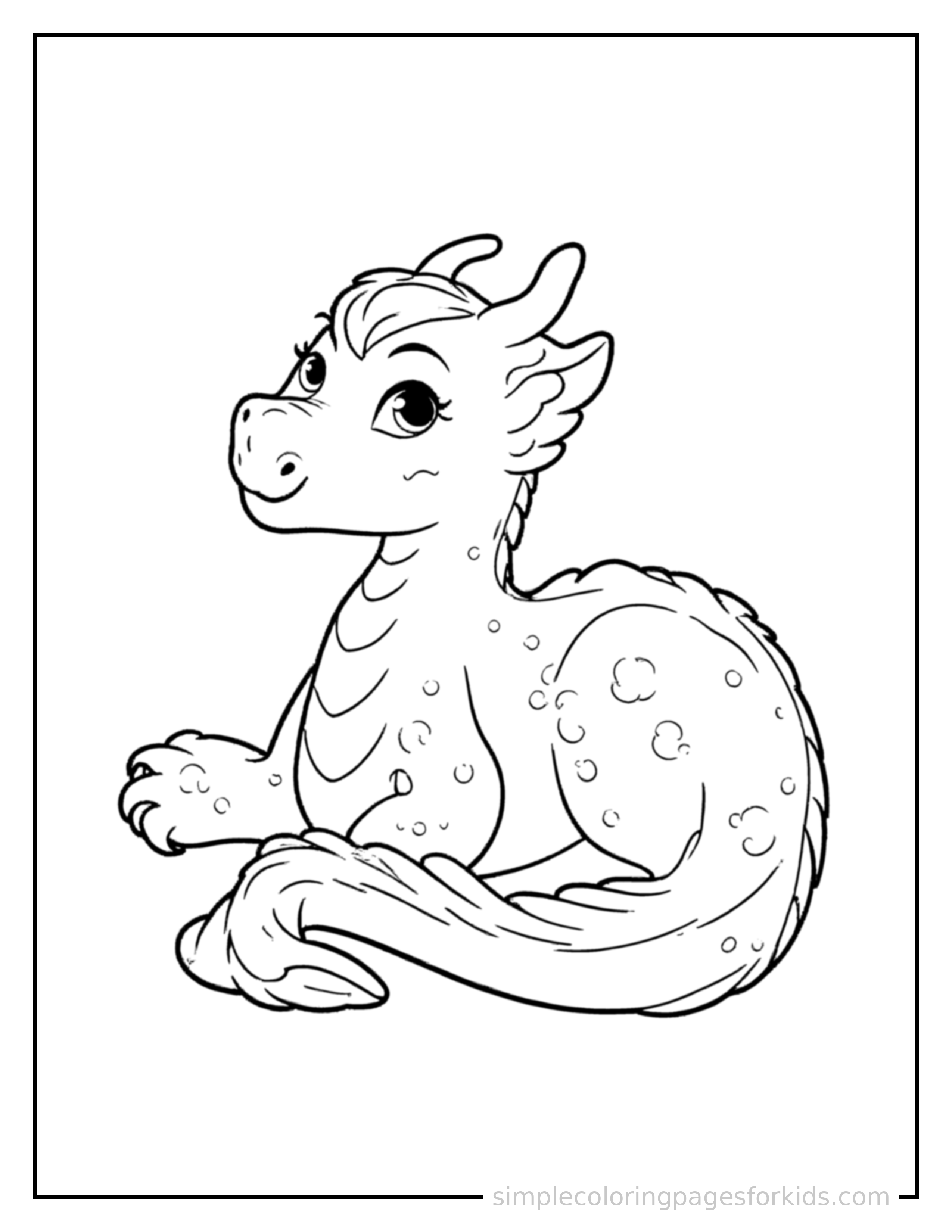 Free printable dragon coloring page featuring a cute baby dragon curled up fast asleep, peaceful smile, one eye scrunched shut, paws tucked under its chin.
