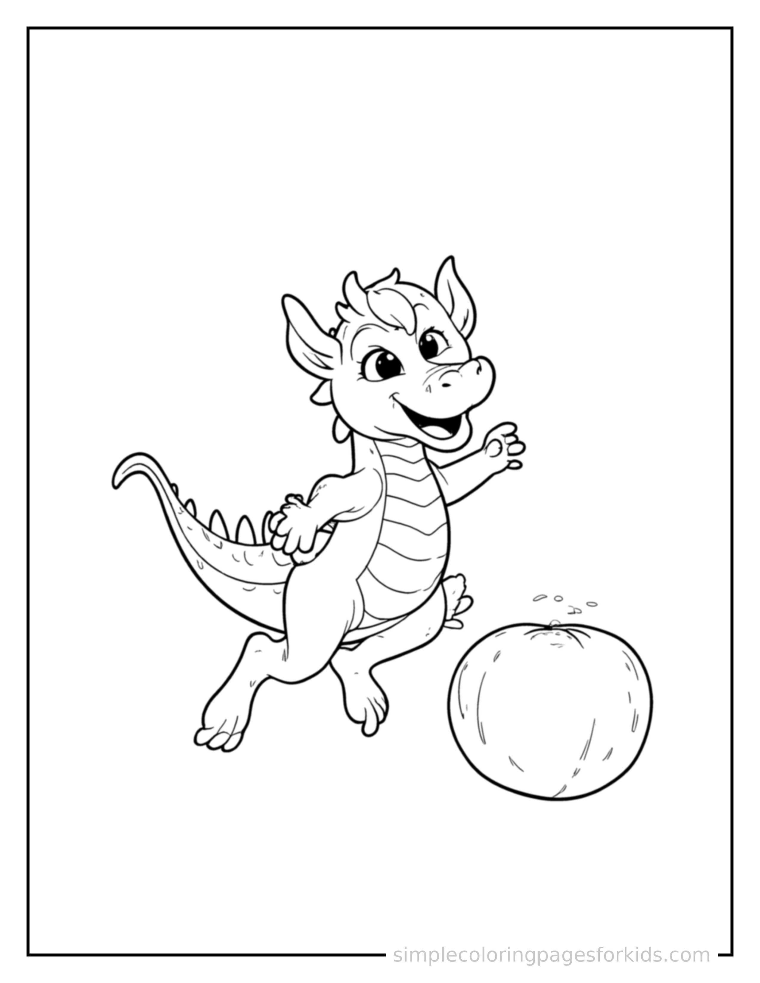 Free printable dragon coloring page featuring a cute baby dragon mid-bounce chasing a round ball, front paws stretched forward, mouth open with excitement, ears flopping.