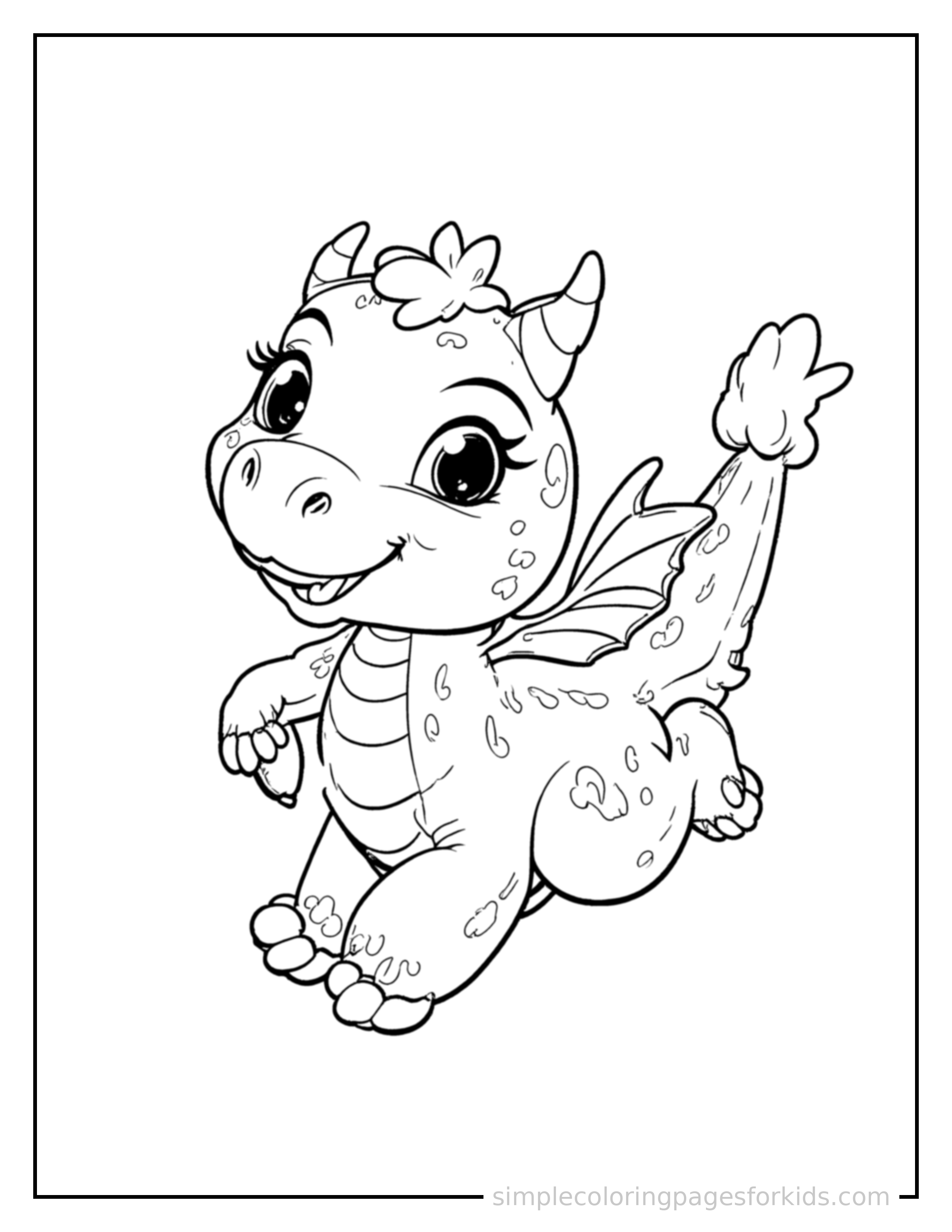 Free printable dragon coloring page featuring a cute baby dragon galloping forward at full speed, tongue out, ears flying back, big happy grin.