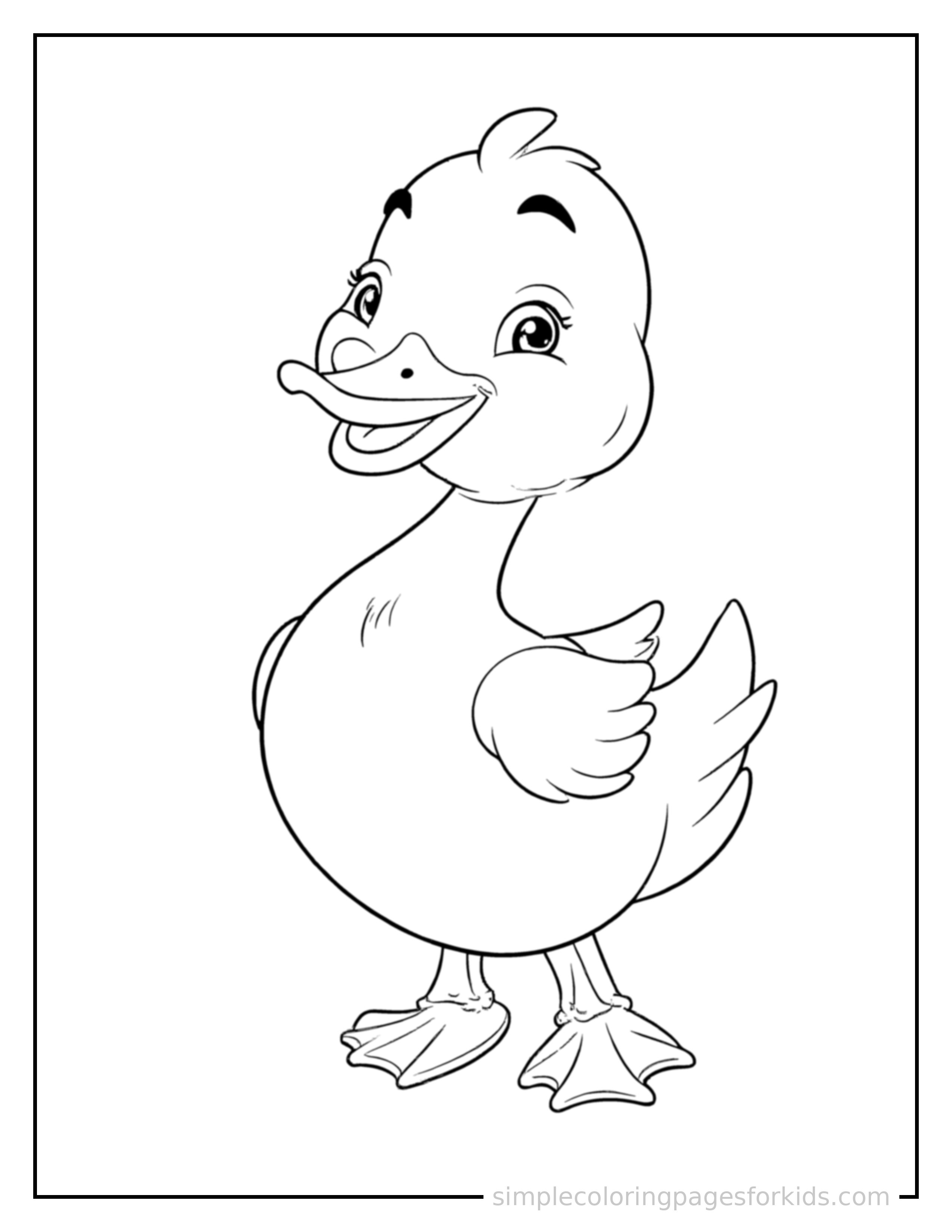 Free printable duck coloring page featuring a cute duck standing proudly on all fours, chest puffed out, big sparkling happy eyes, mouth open in a joyful smile.
