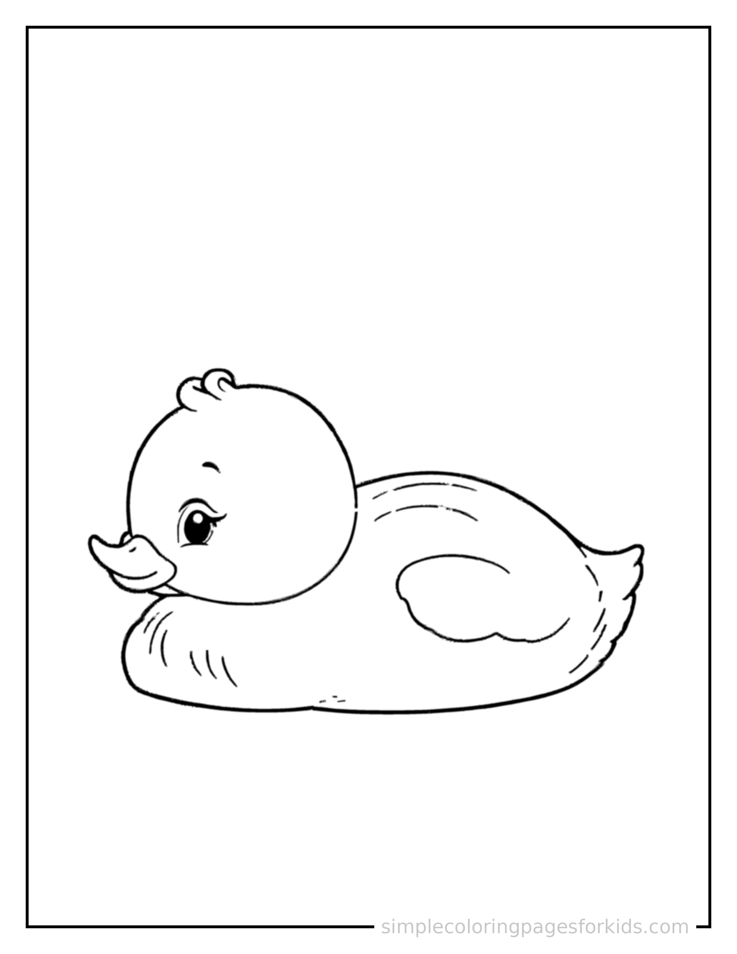 Free printable duck coloring page featuring a cute duck curled up fast asleep, peaceful smile, one eye scrunched shut, paws tucked under its chin.