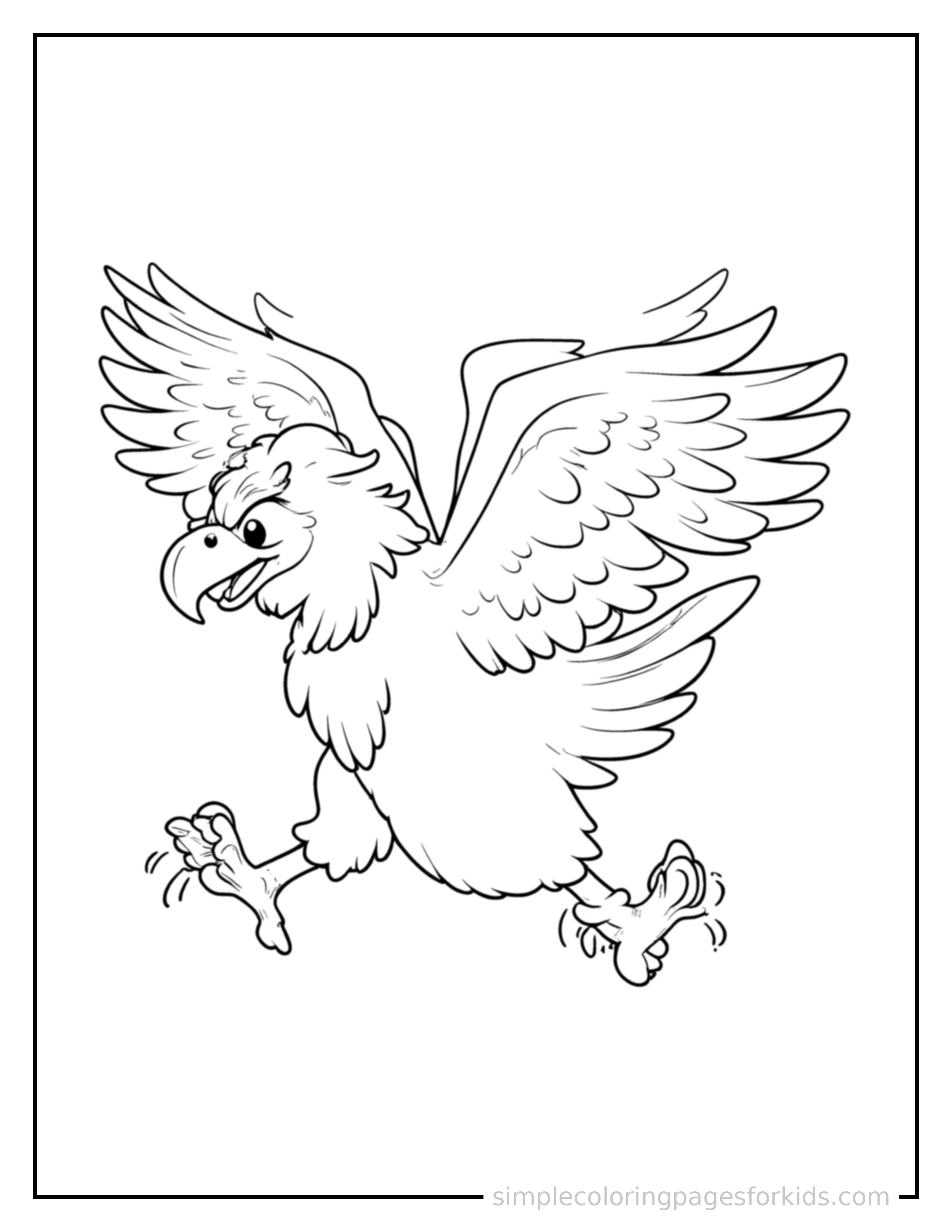 Free printable eagle coloring page featuring a cute eagle galloping forward at full speed, tongue out, ears flying back, big happy grin.